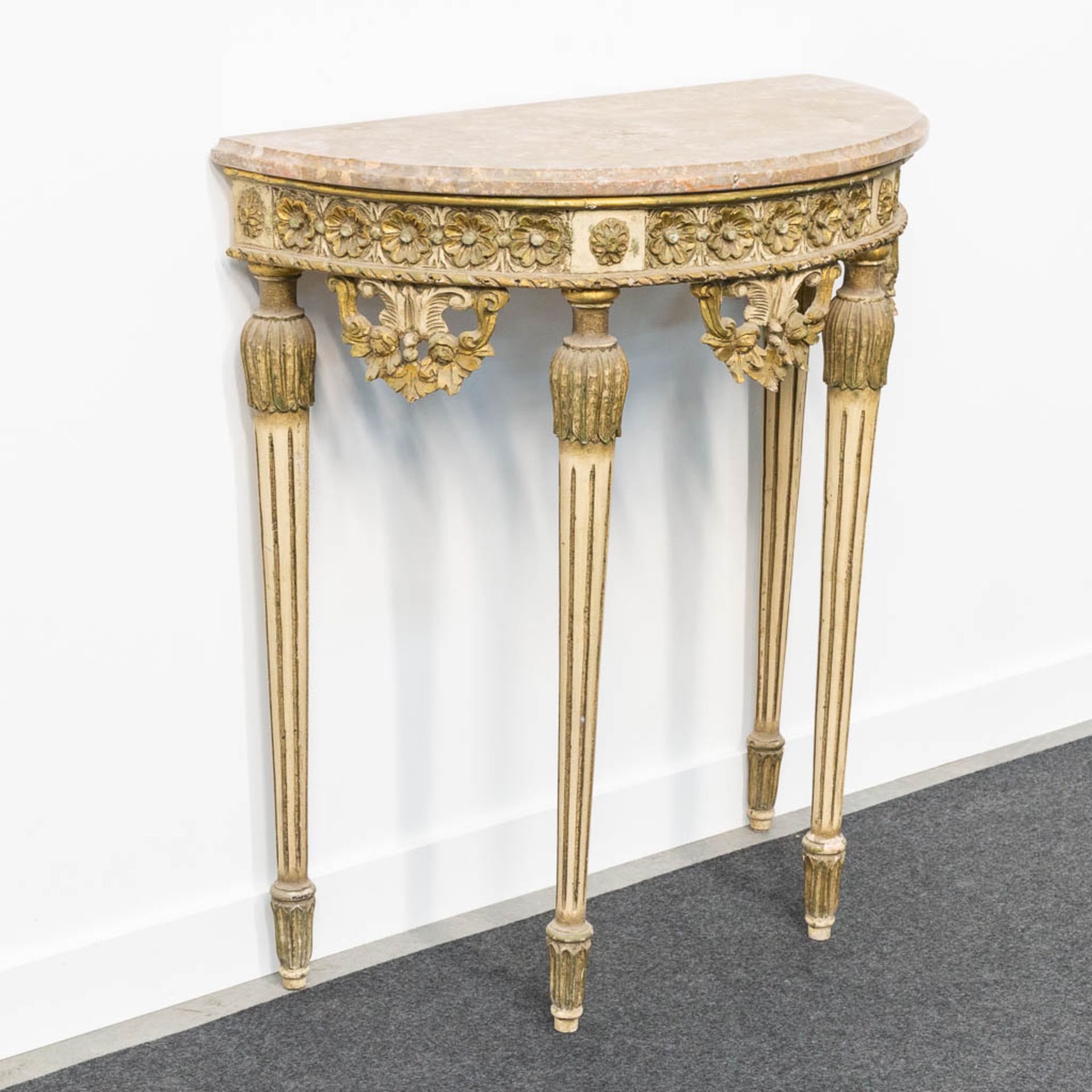 A Louis XVI style console table with marble top and sculptured wood decorations. - Image 3 of 12