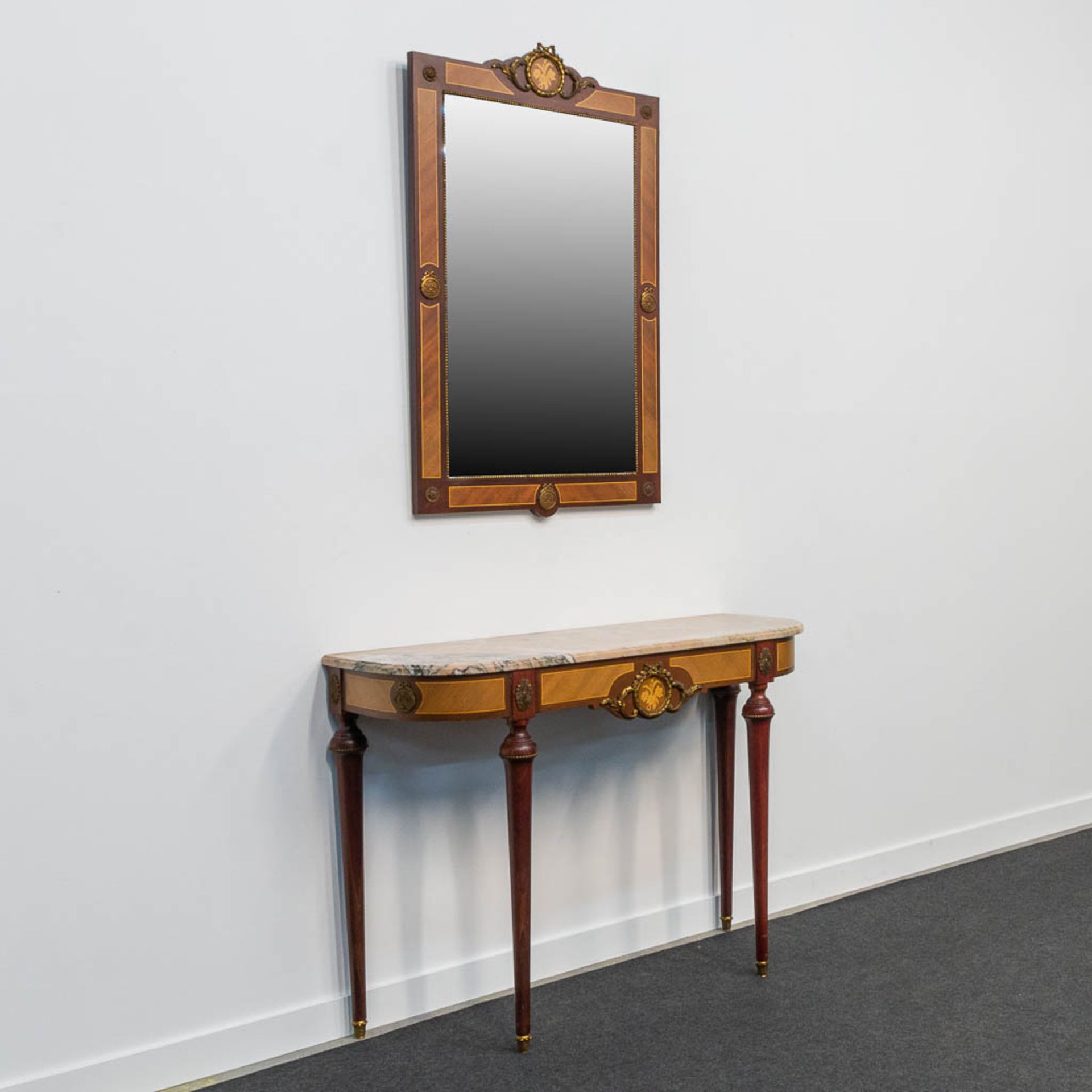 A console table with mirror, inlaid with marquetry, mounted with bronze and with a marble top. - Image 3 of 11