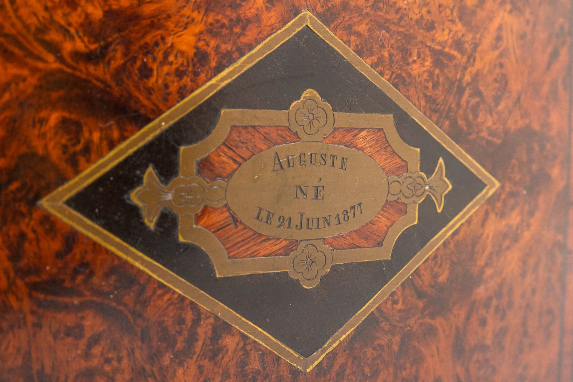 An Antique storage box, with inlaid ebony, root wood and cherry wood with brass. Marked Auguste 1877 - Image 11 of 13