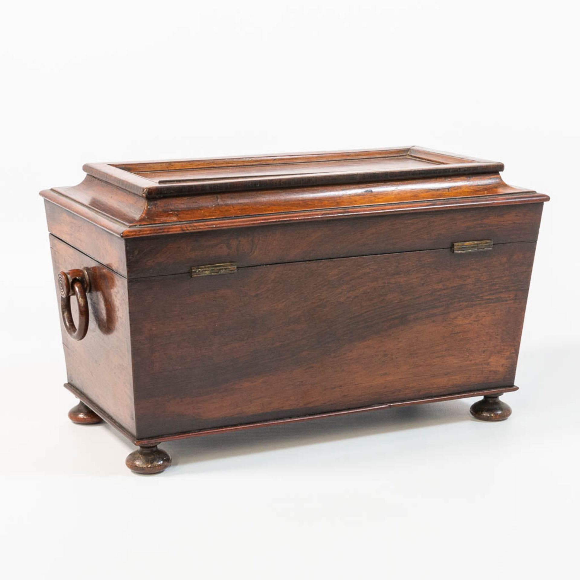 A walnut tea caddy with a crystal vase and 2 storage containers. - Image 5 of 26