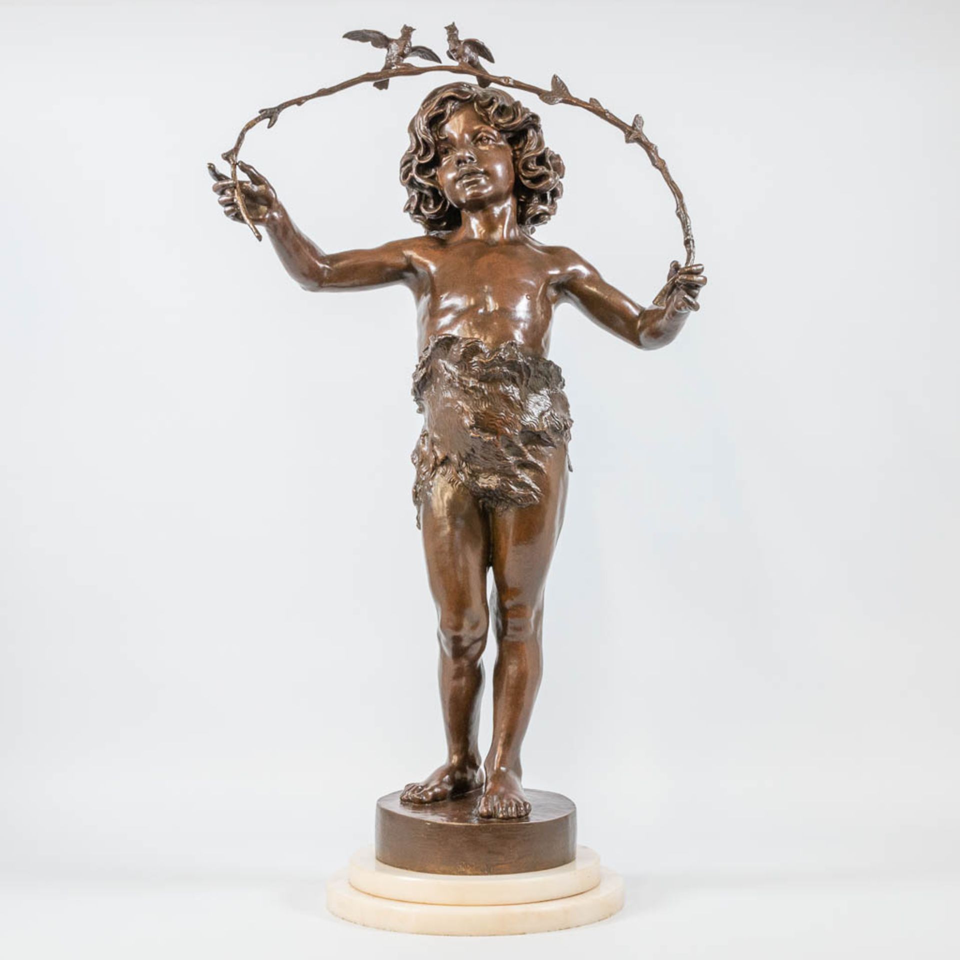 Marcel DEBUT (1865-1933) bronze statue of a boy with a branch and 2 birds. 19th century.