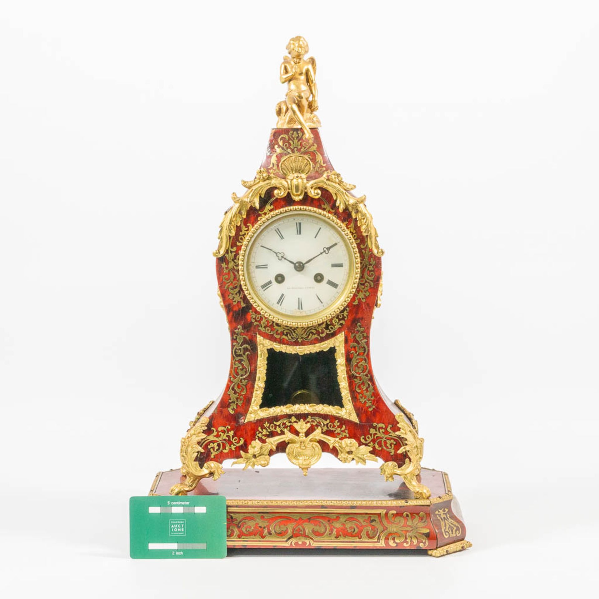 A table clock made of a wood base, with boulle inlay and mounted with bronze, marked Raingo Frères. - Bild 2 aus 15