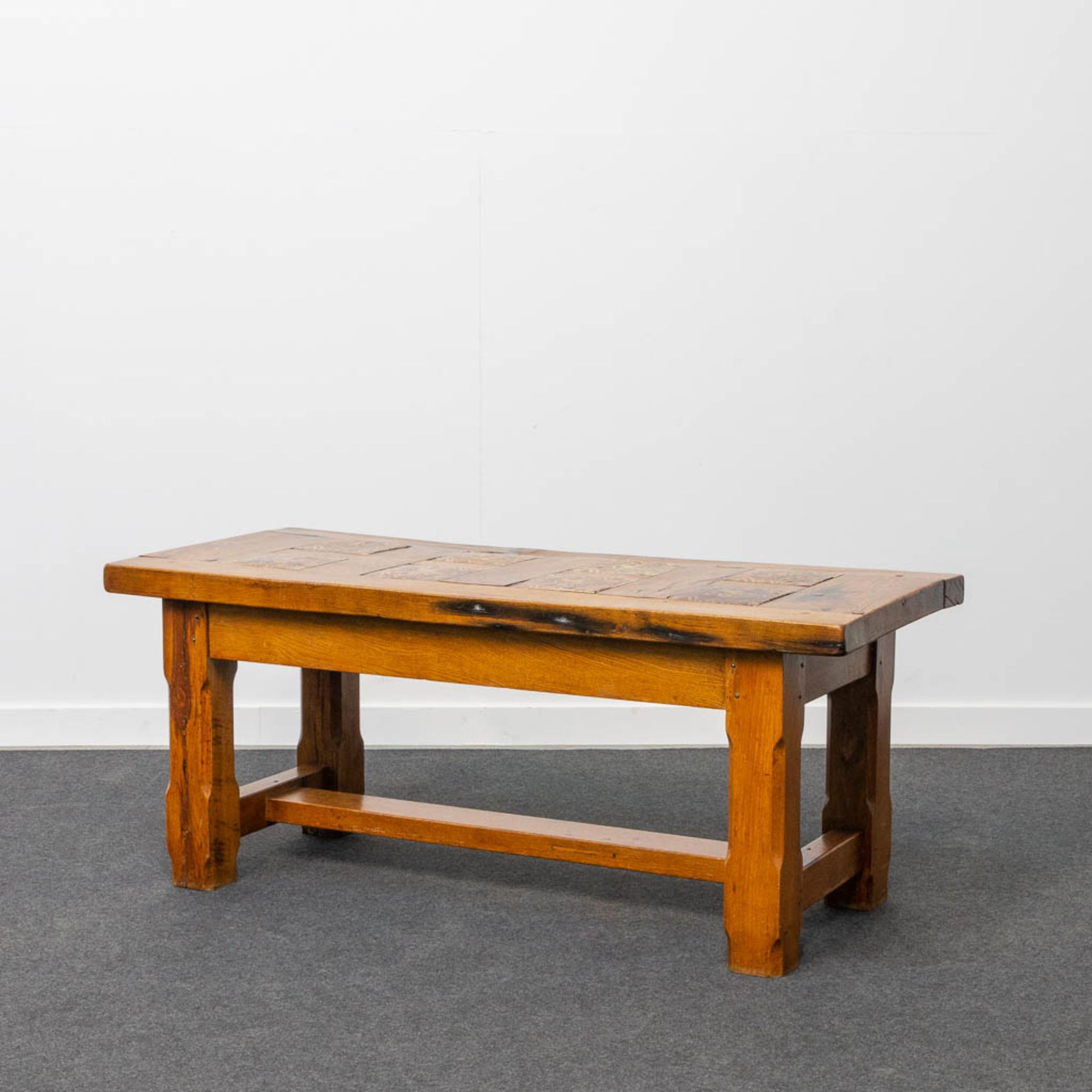 A Rustic coffee table with 8 inlaid tiles with Flemish Lion, probably made in the south of West-Flan - Image 5 of 14