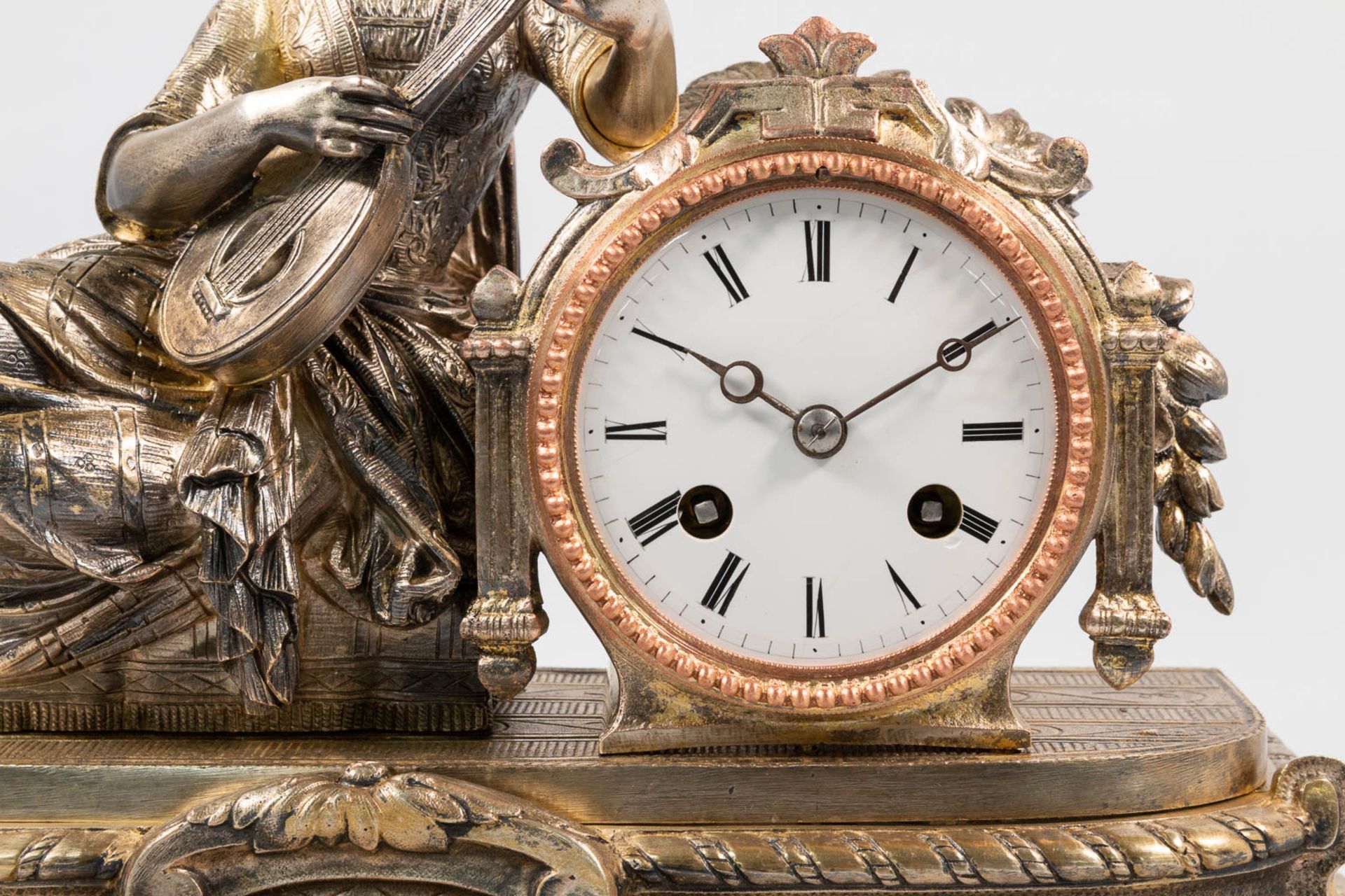 A Mantle clock with Romantic Scene, Silver plated Bronze. - Image 12 of 12