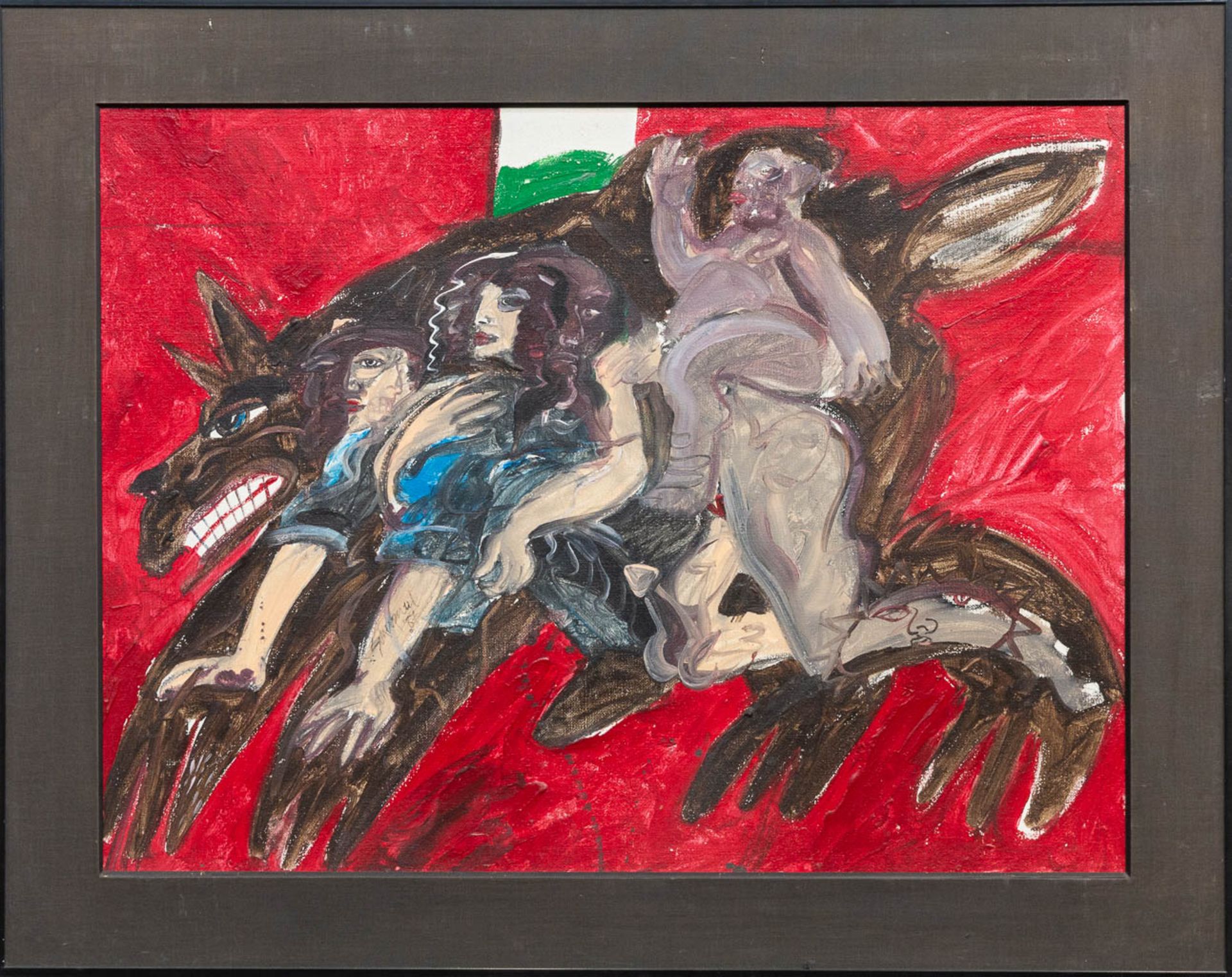 Koen SCHERPEREEL (1961-1997) Abstract composition of a wolf and figurines. Oil on canvas, 1987. - Bild 2 aus 12