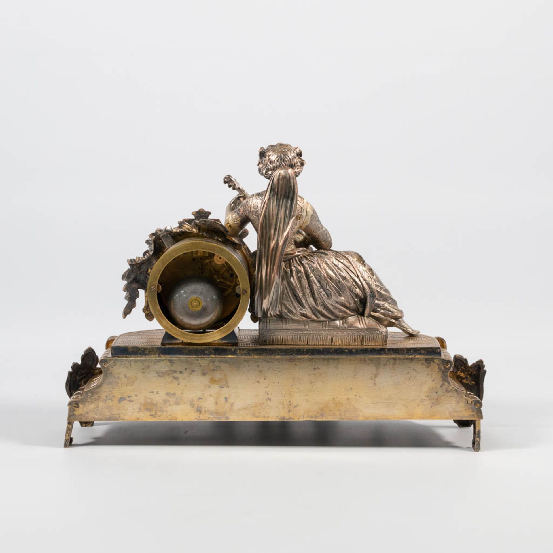 A Mantle clock with Romantic Scene, Silver plated Bronze. - Image 9 of 12