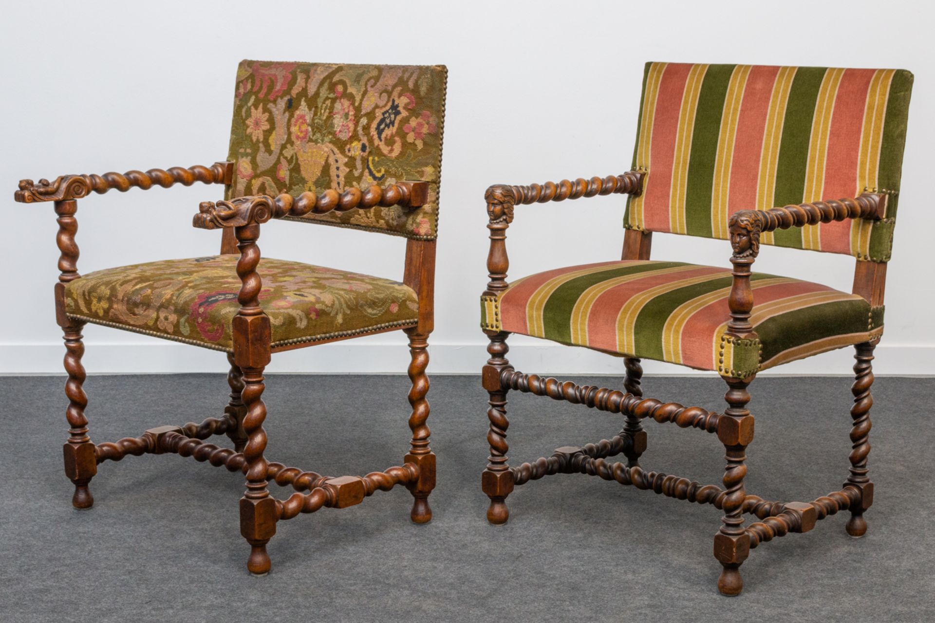 A collection of 2 castle chairs with sculptured handles. 19th century. (92 x 63 x 54 cm) - Bild 7 aus 18