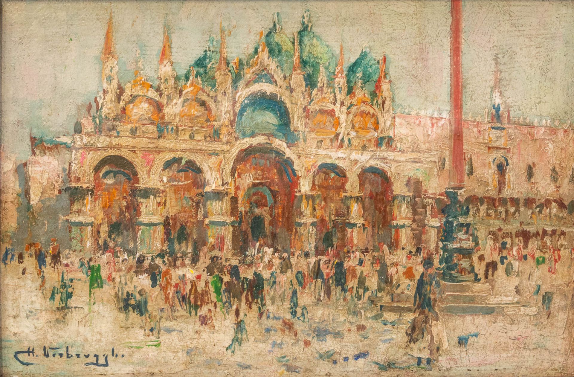 Charles Henri VERBRUGGHE (1877-1974) San Marco square in Venice, oil on panel. (25,5 x 17 cm) - Bild 5 aus 6