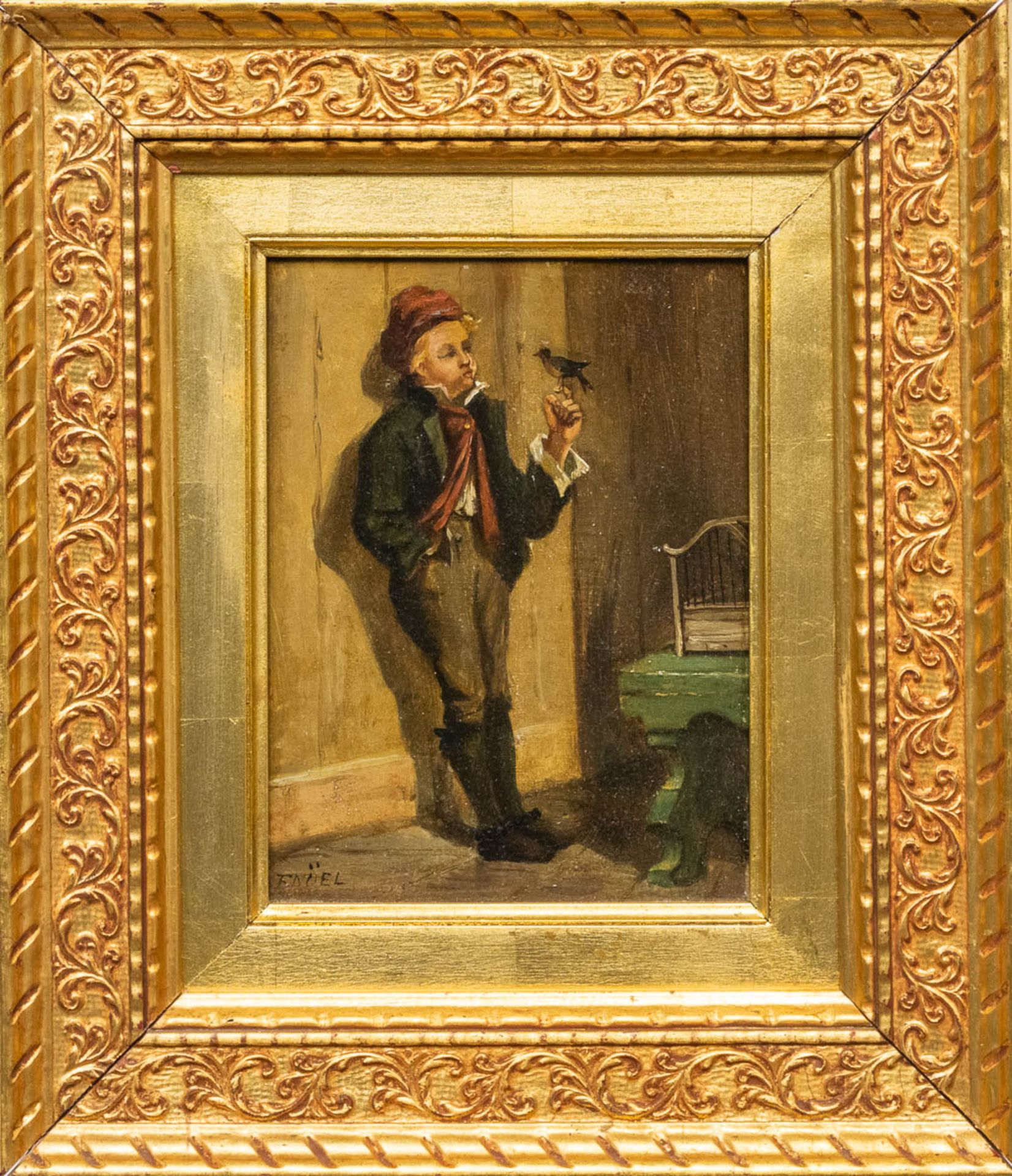 F. NOEL, elegant image of a boy with a bird, oil on panel. (16 x 21 cm) - Image 2 of 6
