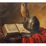 No signature found, an antique still life with Barn Owl, helmet and sword and a book. Oil on canvas.
