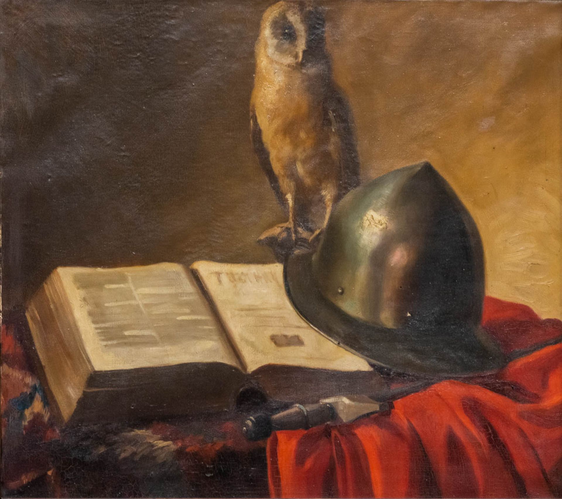 No signature found, an antique still life with Barn Owl, helmet and sword and a book. Oil on canvas.