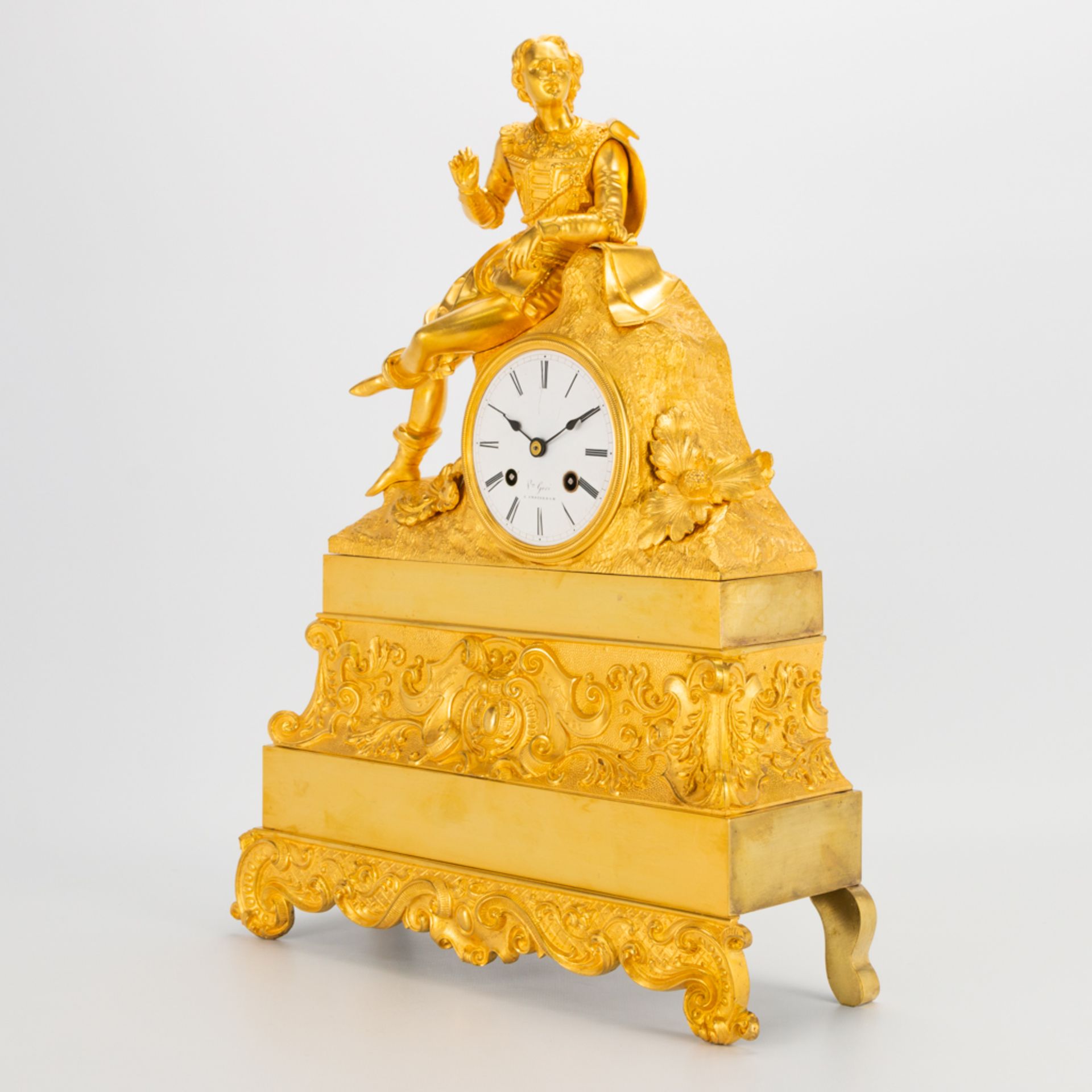 A ormolu gilt table clock made of bronze with a figurine of a noble man, enamel dial and marked Amst - Image 10 of 16