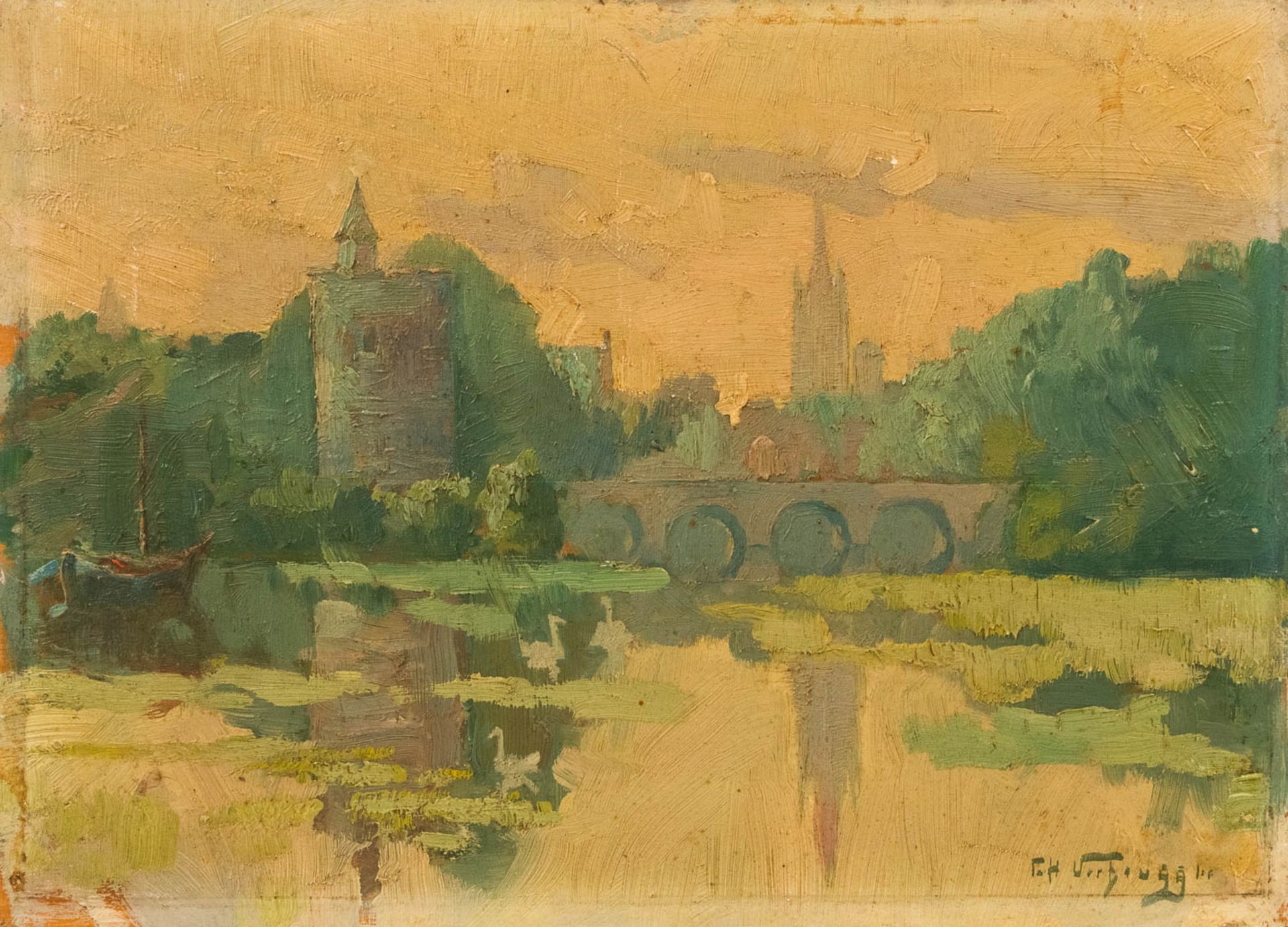 Charles Henri VERBRUGGHE (1877-1974) Minnewater in Bruges, oil on panel. Not framed. (35 x 25,5 cm)