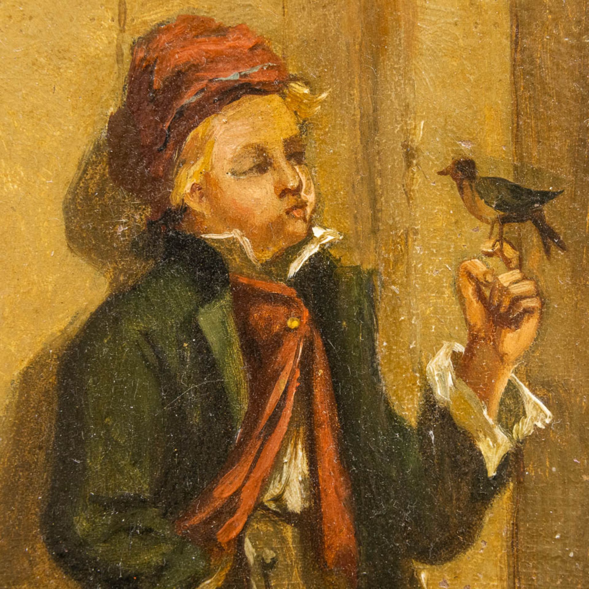 F. NOEL, elegant image of a boy with a bird, oil on panel. (16 x 21 cm) - Image 5 of 6