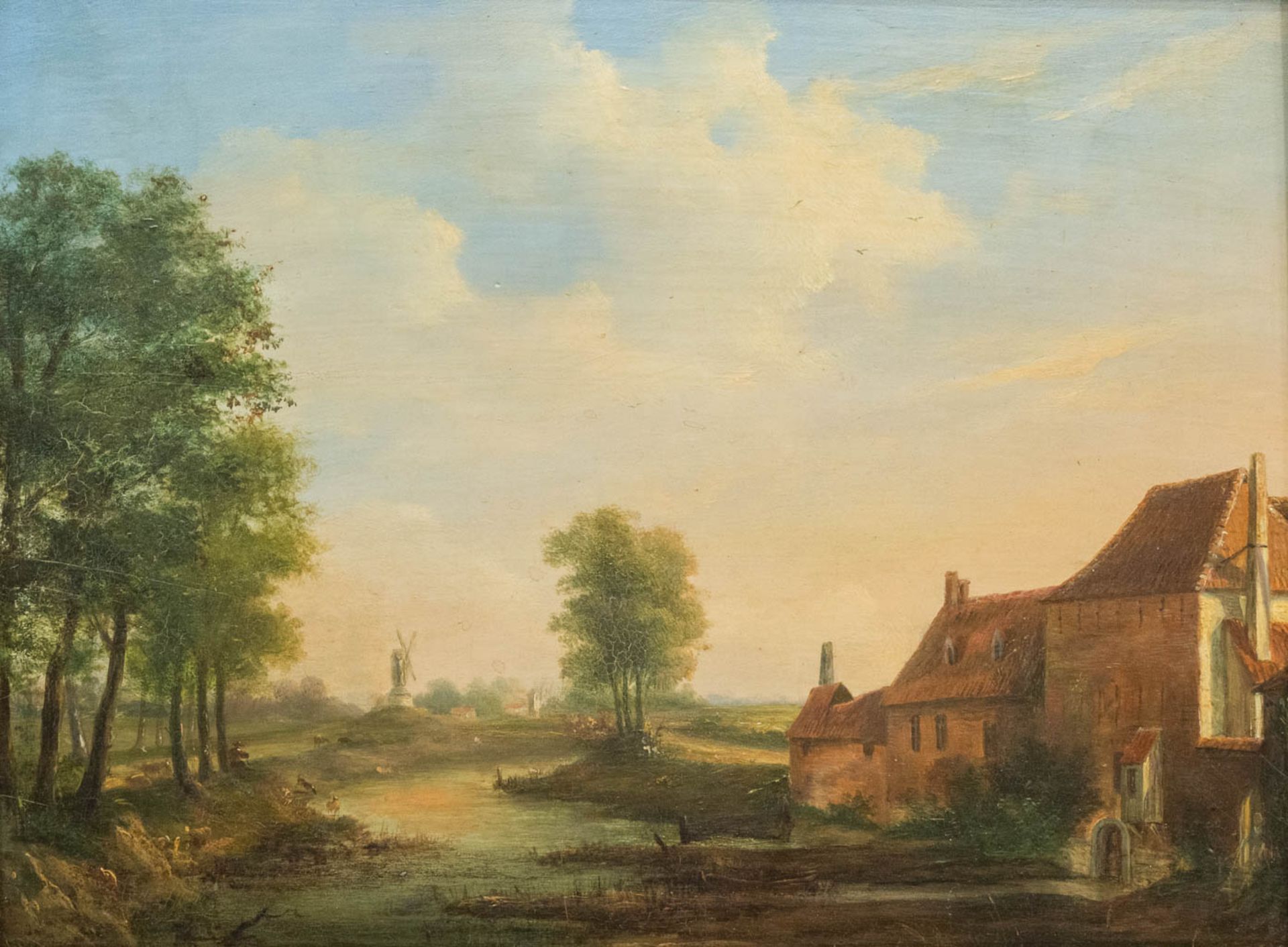 No signature found, an antique painting of The Dutch School, landscape with windmill, oil on canvas.