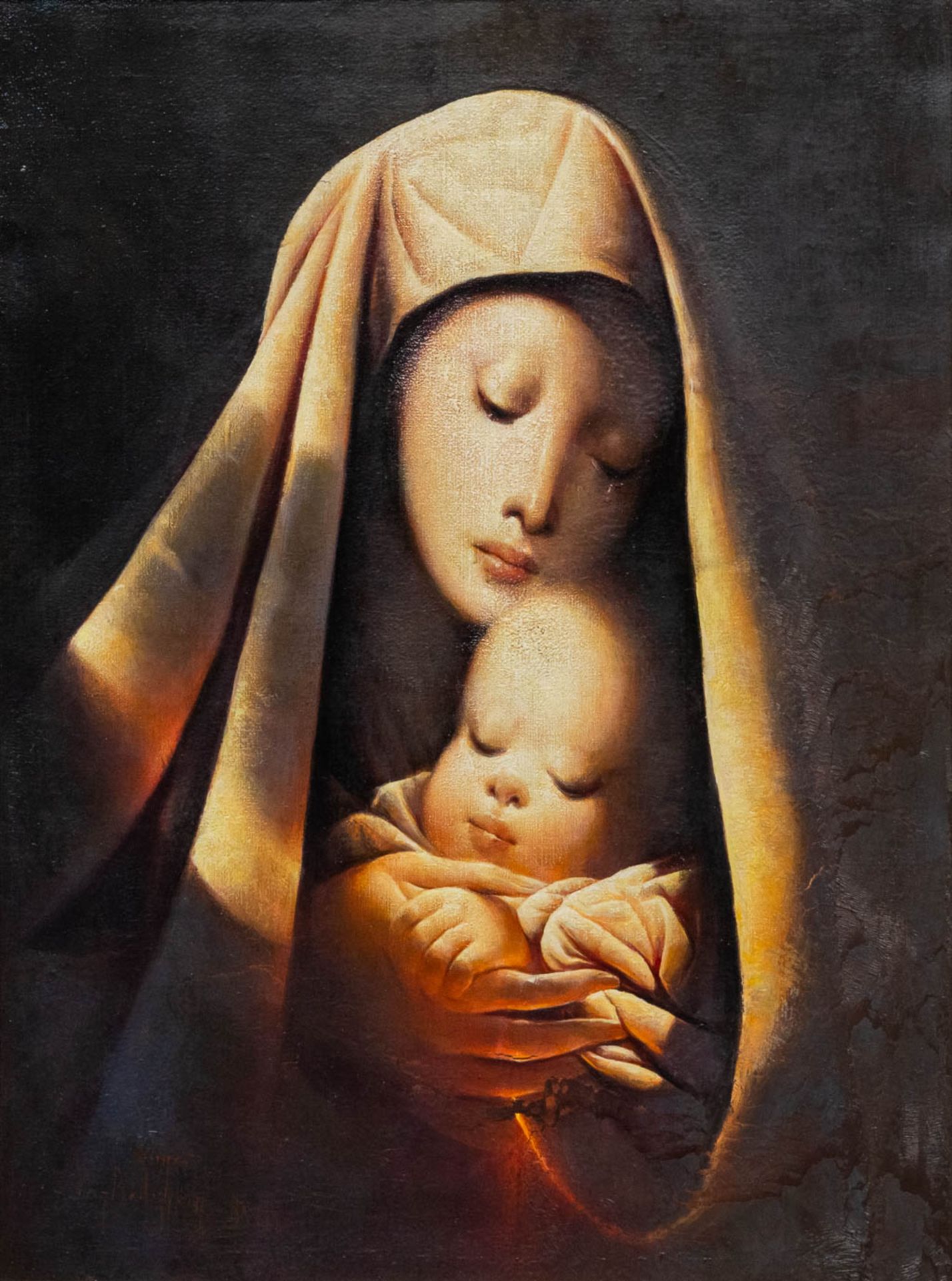 Aimé VAN BELLEGHEM (1922-1996) Mother with child, oil on canvas. (60 x 80 cm)
