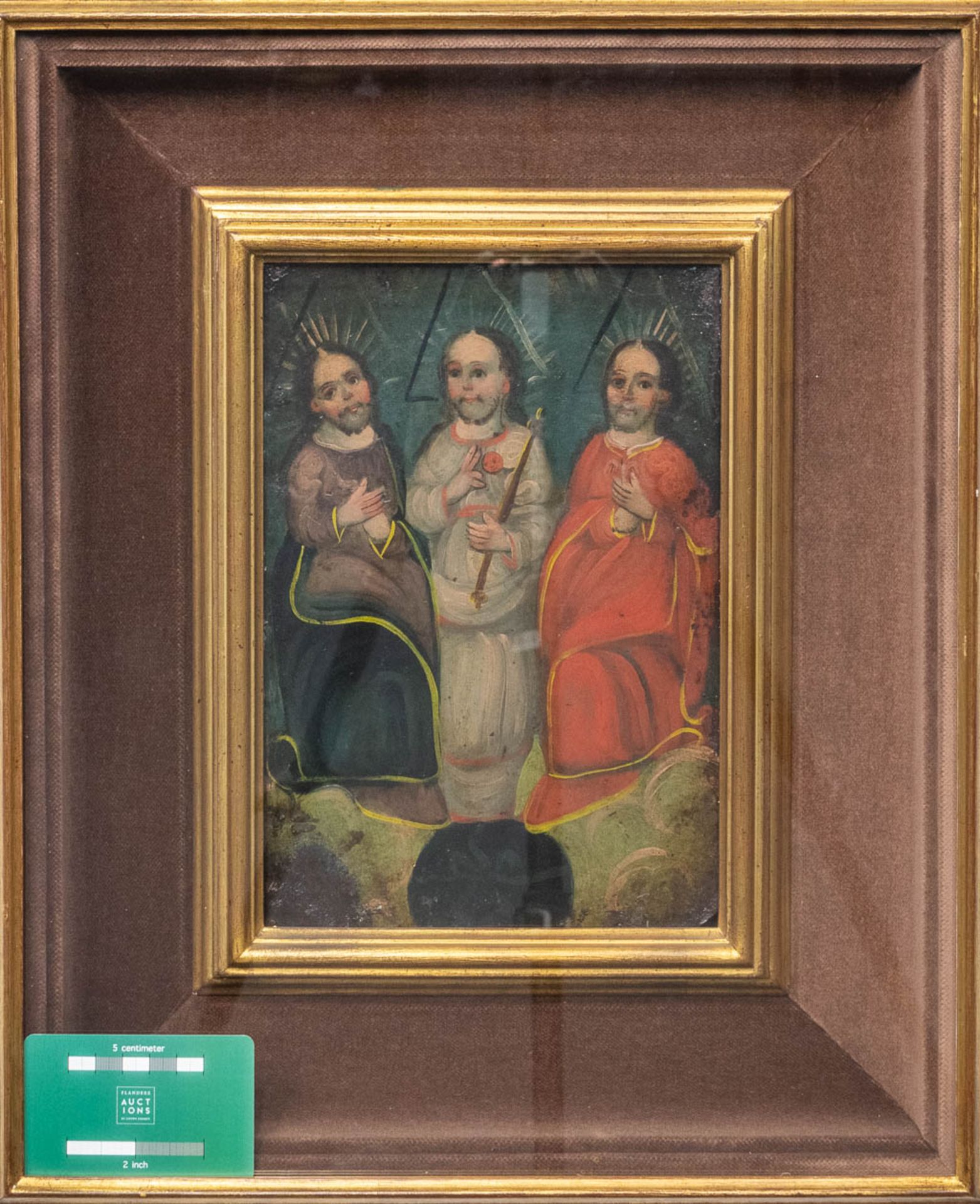 No signature found, an antique painting of 3 holy figurines, oil on metal, mounted on a wood panel.  - Bild 4 aus 5