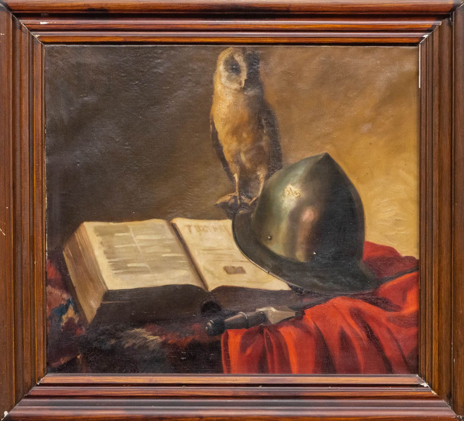 No signature found, an antique still life with Barn Owl, helmet and sword and a book. Oil on canvas. - Bild 2 aus 6