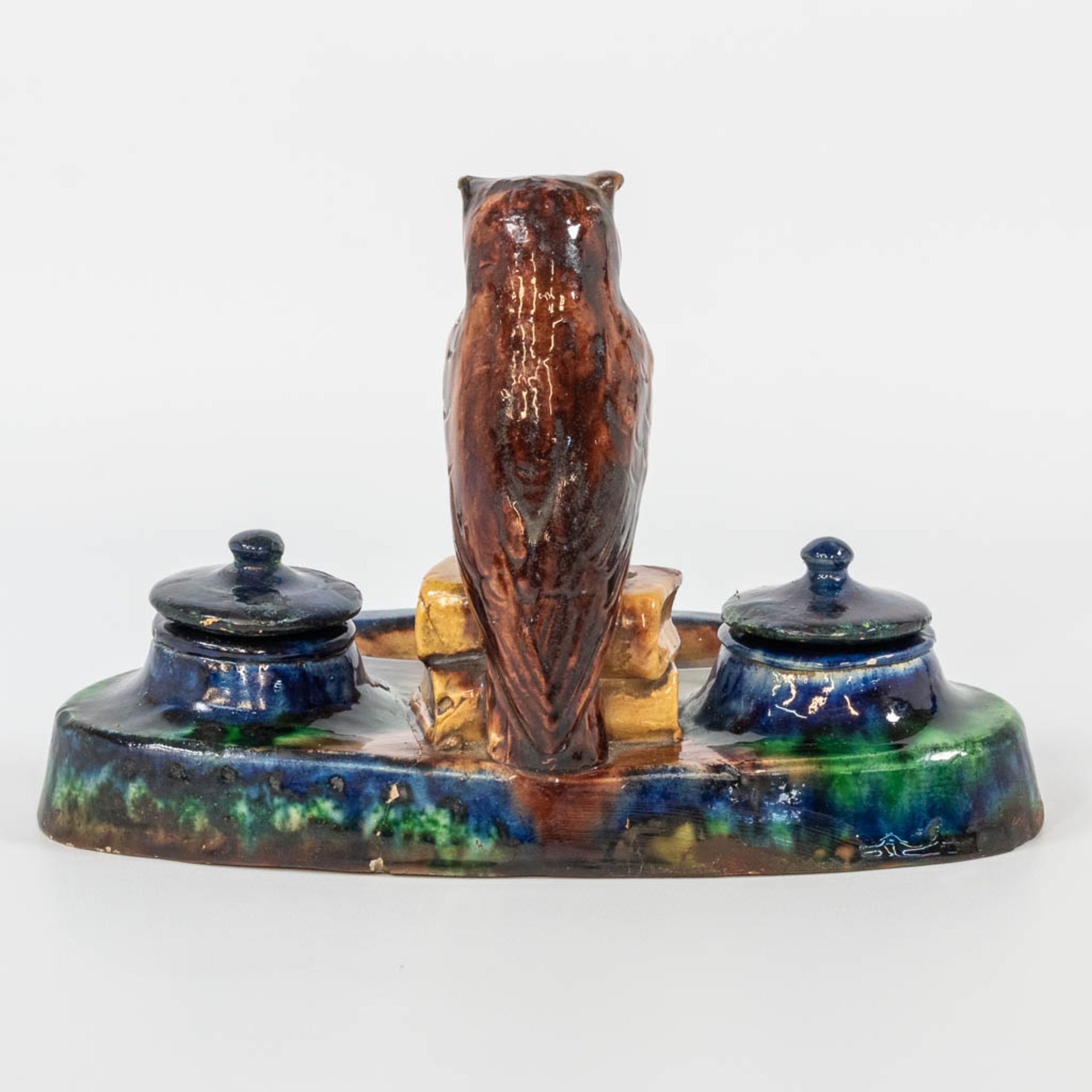 An ink set made of Flemish Earthenware with an owl figurine and marked Made in Belgium, most likely - Image 2 of 16