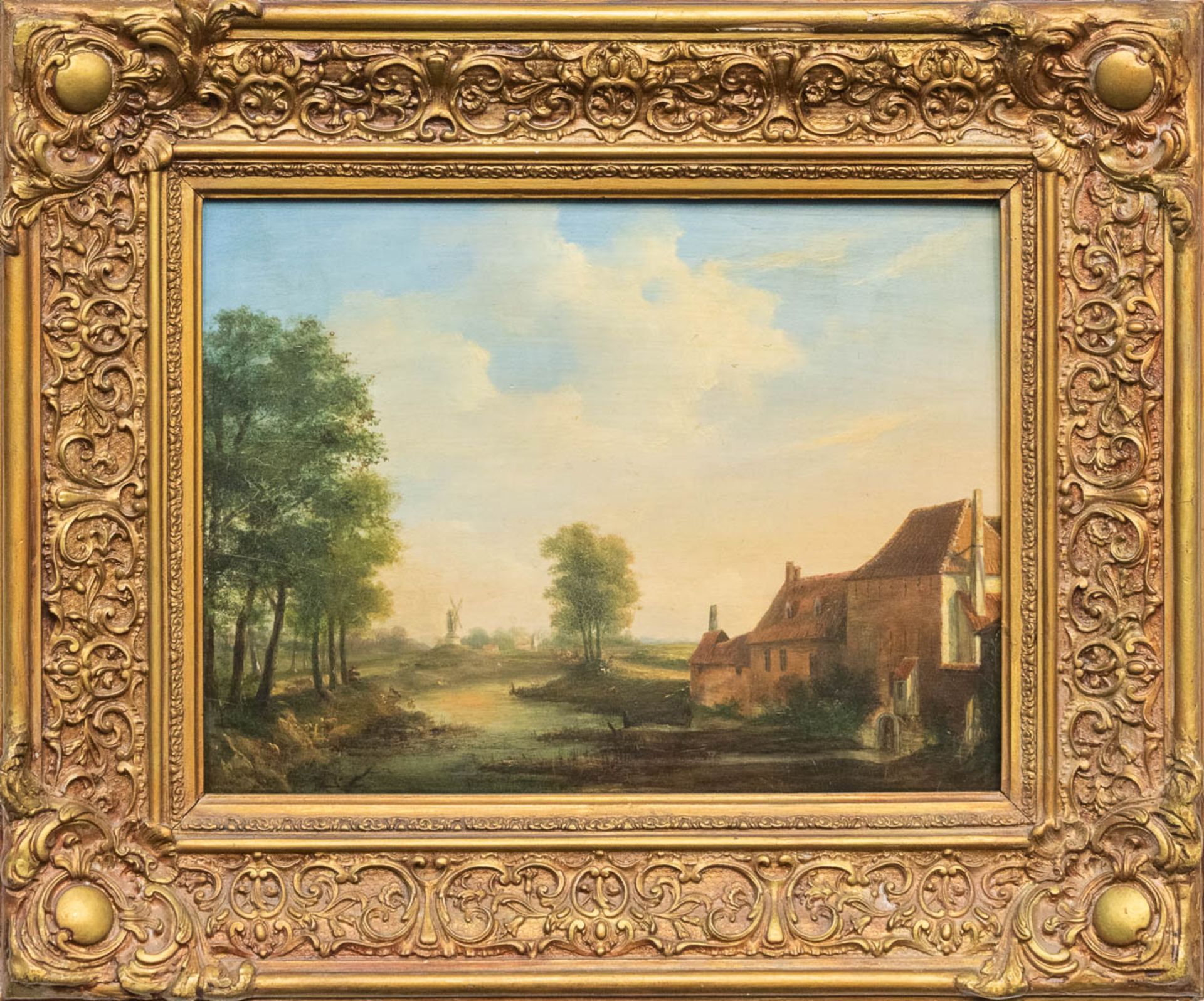 No signature found, an antique painting of The Dutch School, landscape with windmill, oil on canvas. - Image 2 of 5