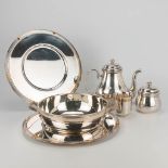 An assembled collection with silver-plated Christofle items, a coffe pot, sugar pot, cup, two plates