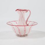 A washing bowl and pitcher, made of glass in Murano, Italy around 1920. (18 x 14 x 7,5 cm)