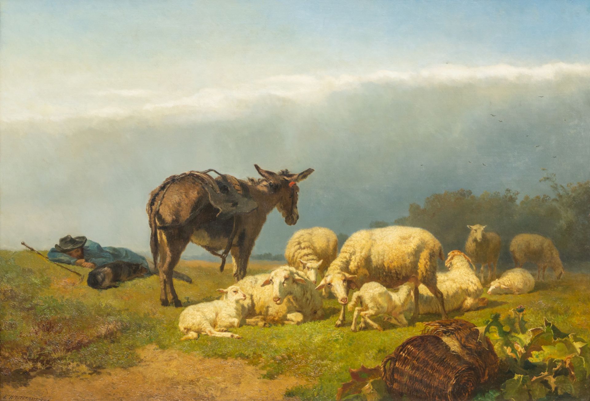 Edouard WOUTERMAERTENS (1819-1897) An antique landscape with sheep, a donkey and a resting herder. O