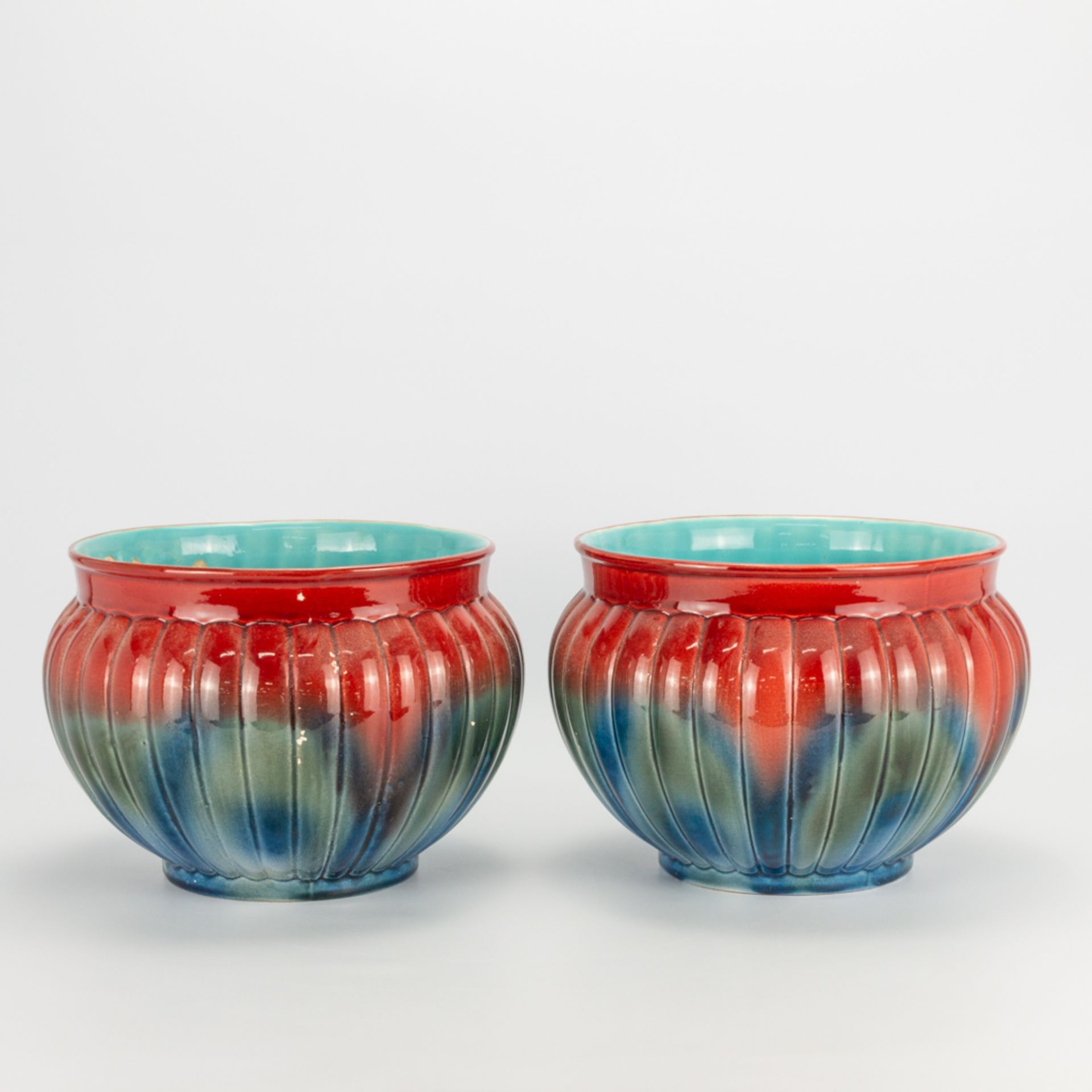 A pair of glazed cache-pots made in faience and during the art deco period, marked Sarreguemines. Ar - Image 4 of 11