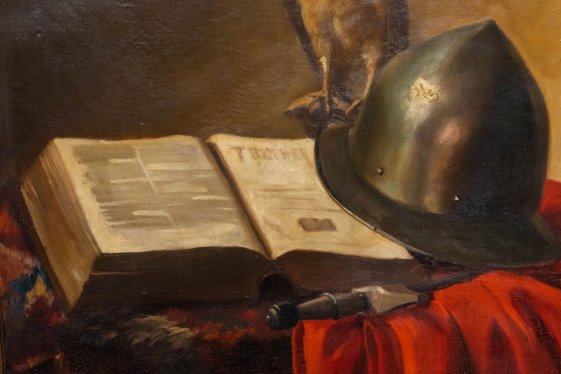 No signature found, an antique still life with Barn Owl, helmet and sword and a book. Oil on canvas. - Bild 6 aus 6