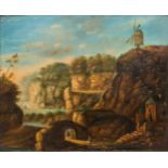 No signature found, an antique landscape of a windmill with figurines, oil on panel. Late 17th, earl