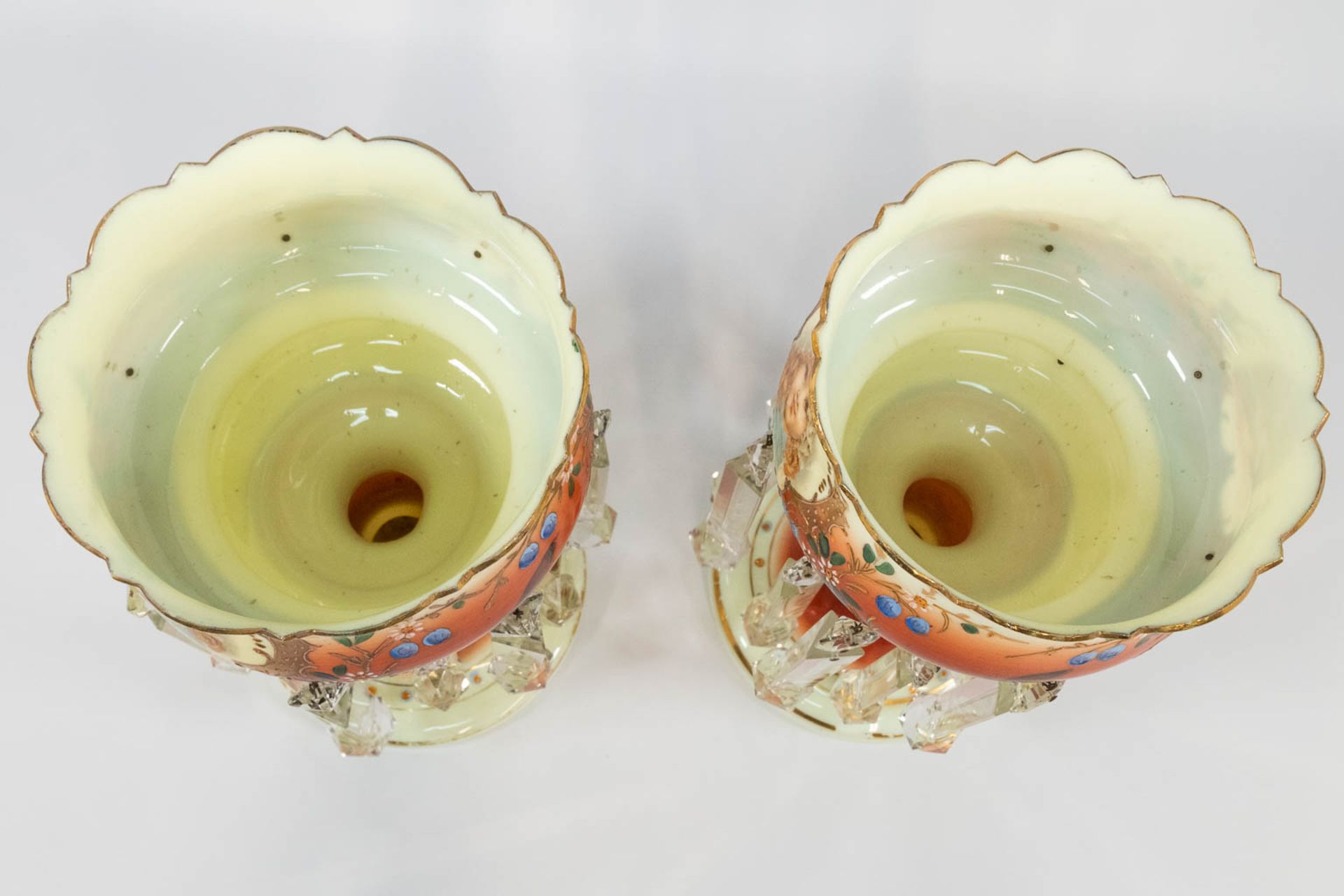 A pair of glass lustres, with hand-painted flowerdecor and printed images of children. (36 x 17,5 cm - Bild 2 aus 12