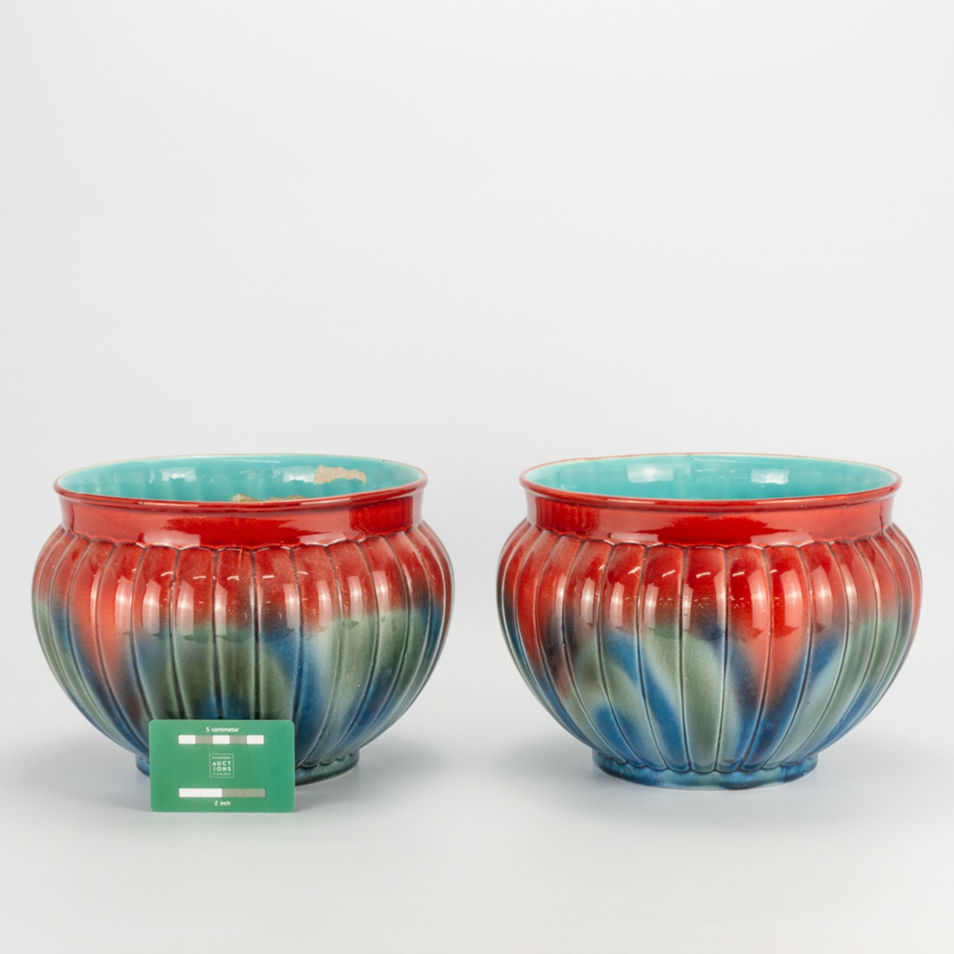 A pair of glazed cache-pots made in faience and during the art deco period, marked Sarreguemines. Ar - Image 2 of 11