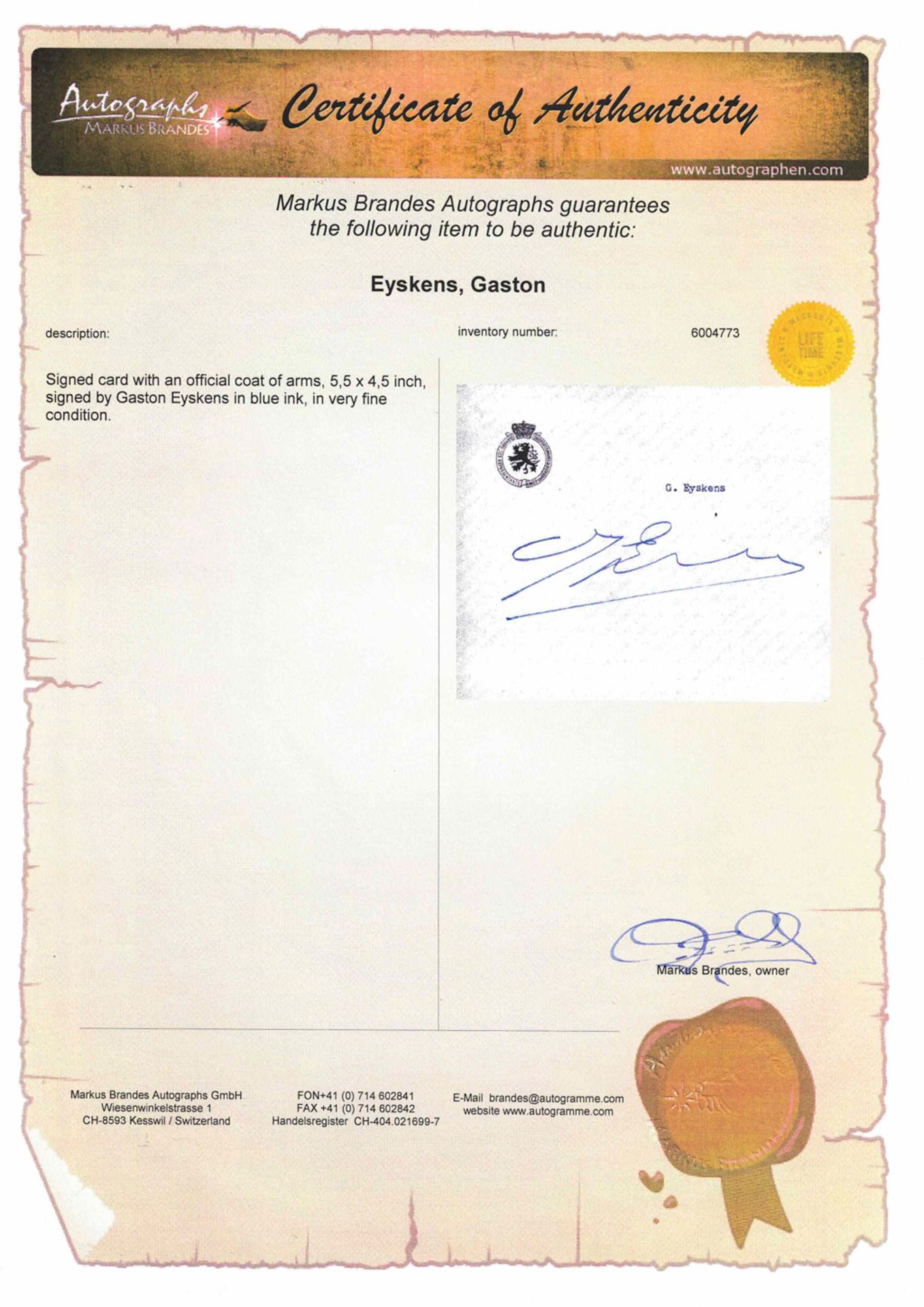 A collection of 3 signatures by 'Paul Henri Spaak', 'Godfried Danneels', 'Gaston Eyskens'. - Image 9 of 11