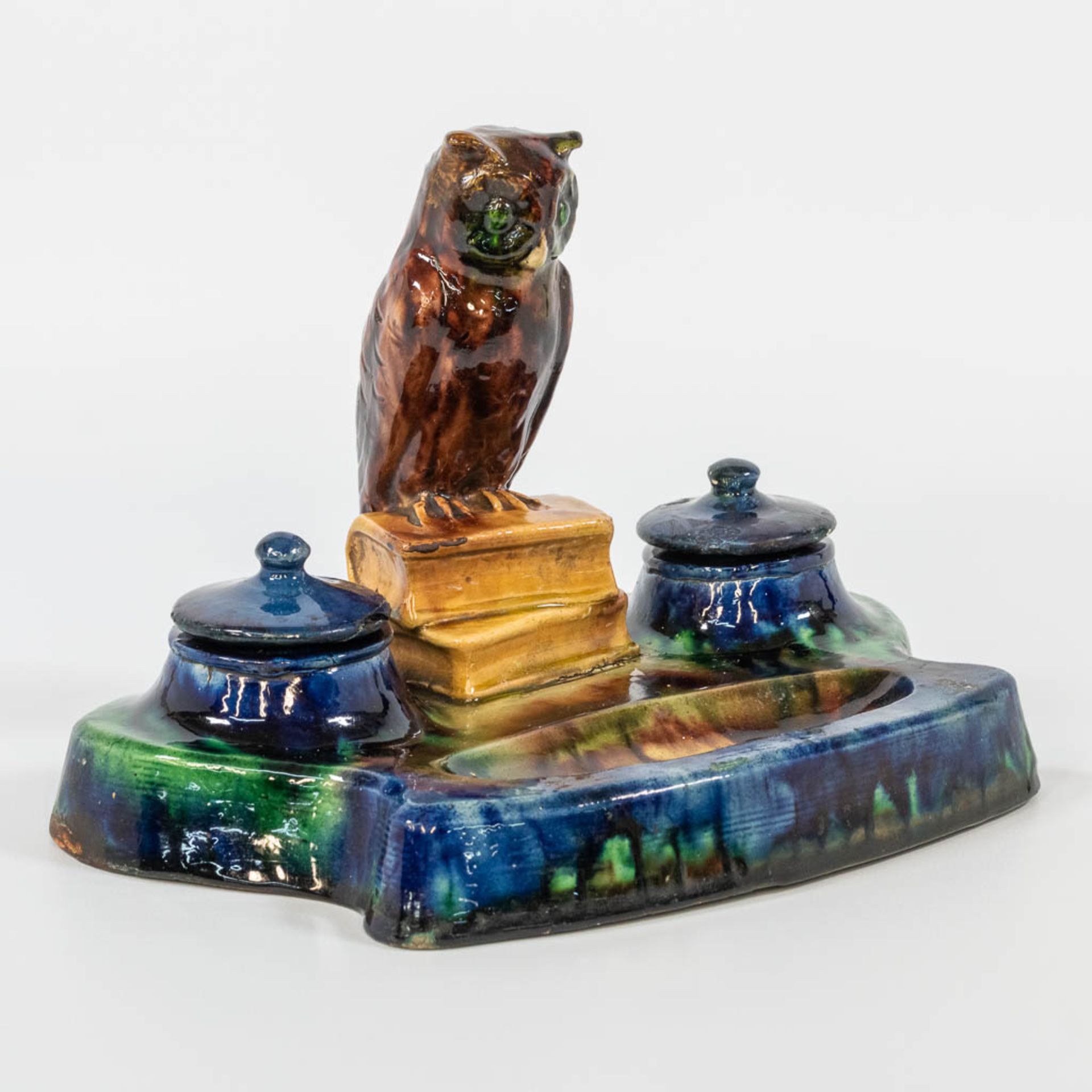 An ink set made of Flemish Earthenware with an owl figurine and marked Made in Belgium, most likely - Image 11 of 16
