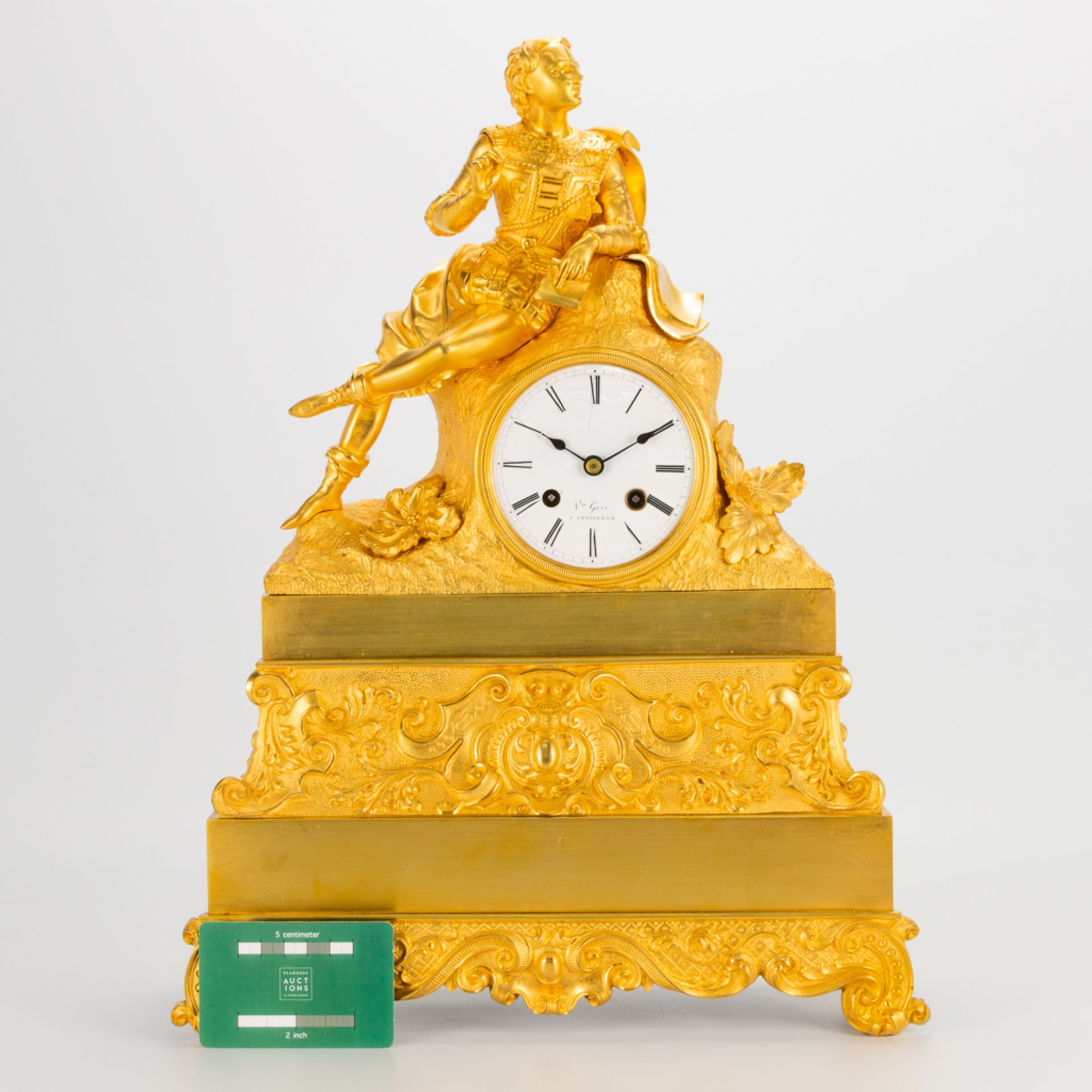 A ormolu gilt table clock made of bronze with a figurine of a noble man, enamel dial and marked Amst - Image 5 of 16