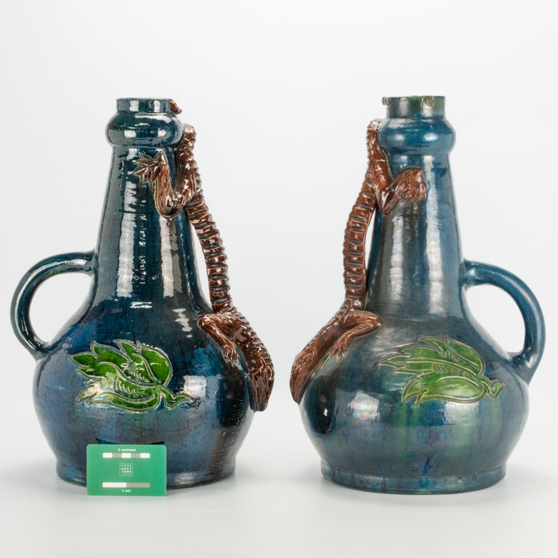 A pair of vases made in Flemish Earthenware with the decor of a salamander. (27 x 30 x 45 cm) - Image 2 of 20
