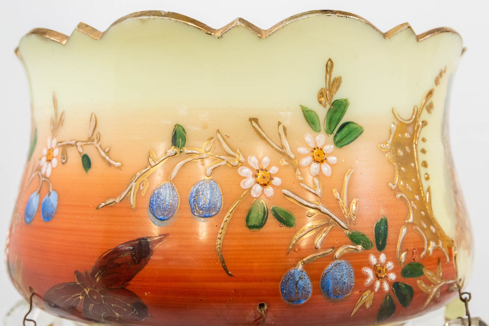 A pair of glass lustres, with hand-painted flowerdecor and printed images of children. (36 x 17,5 cm - Bild 10 aus 12