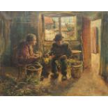 An antique interior with 2 farmers, oil on canvas. Marked Vanzeedonq. (70 x 55 cm)