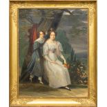 No signature found, an antique portrait of mother and daughter in an empire frame. First half of the