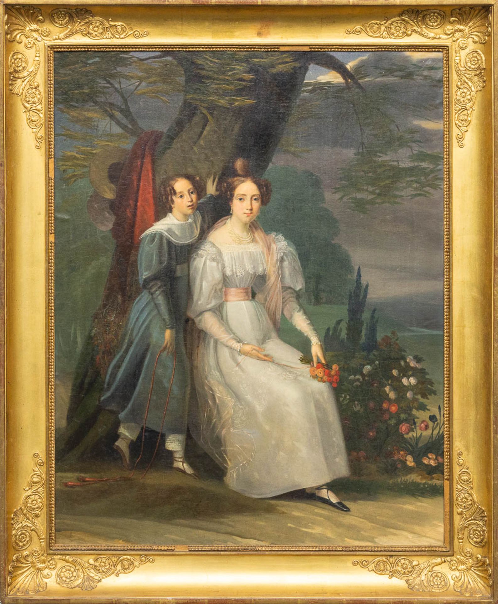 No signature found, an antique portrait of mother and daughter in an empire frame. First half of the
