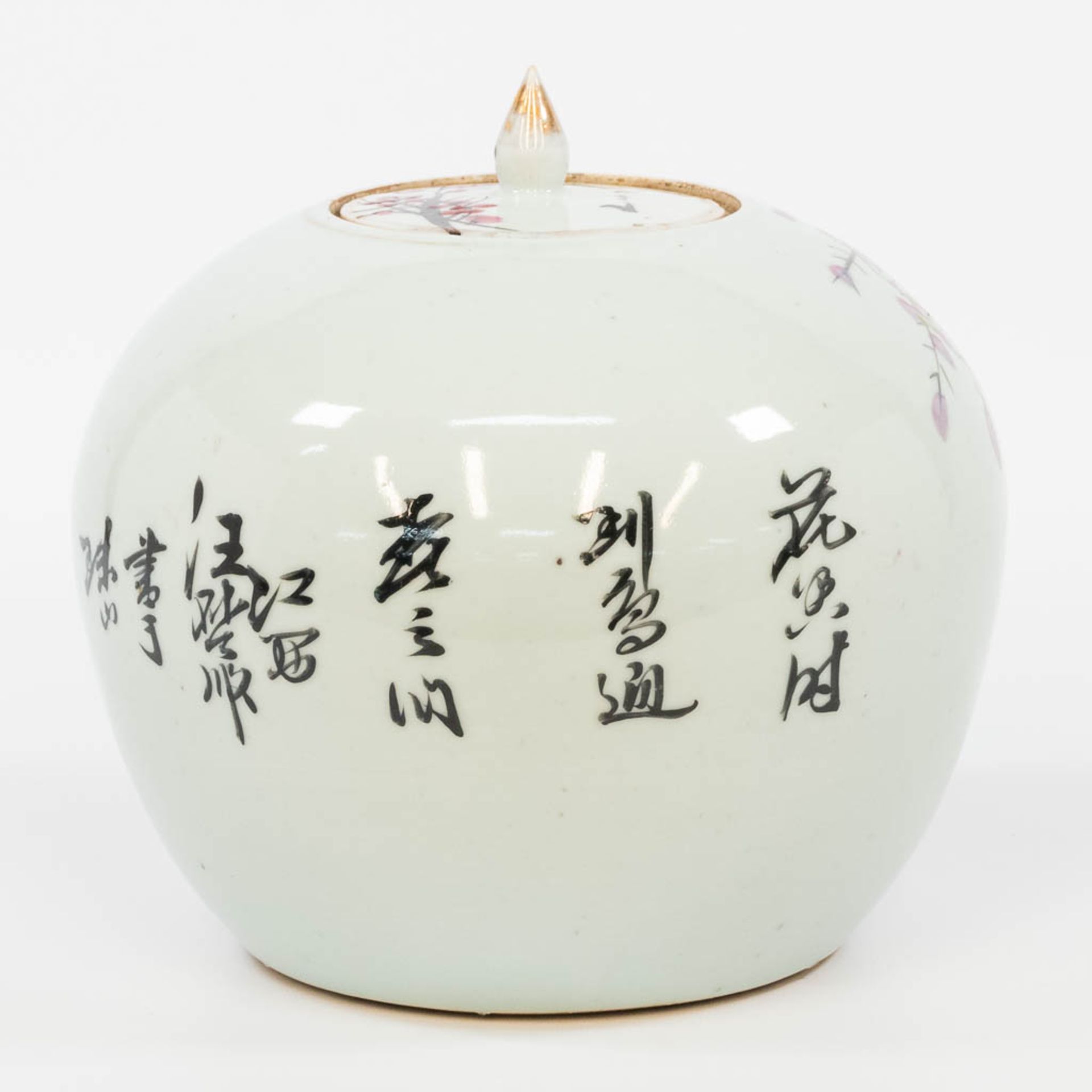 A Chinese ginger jar with hand-painted decor. (21,5 x 21 cm) - Bild 7 aus 15
