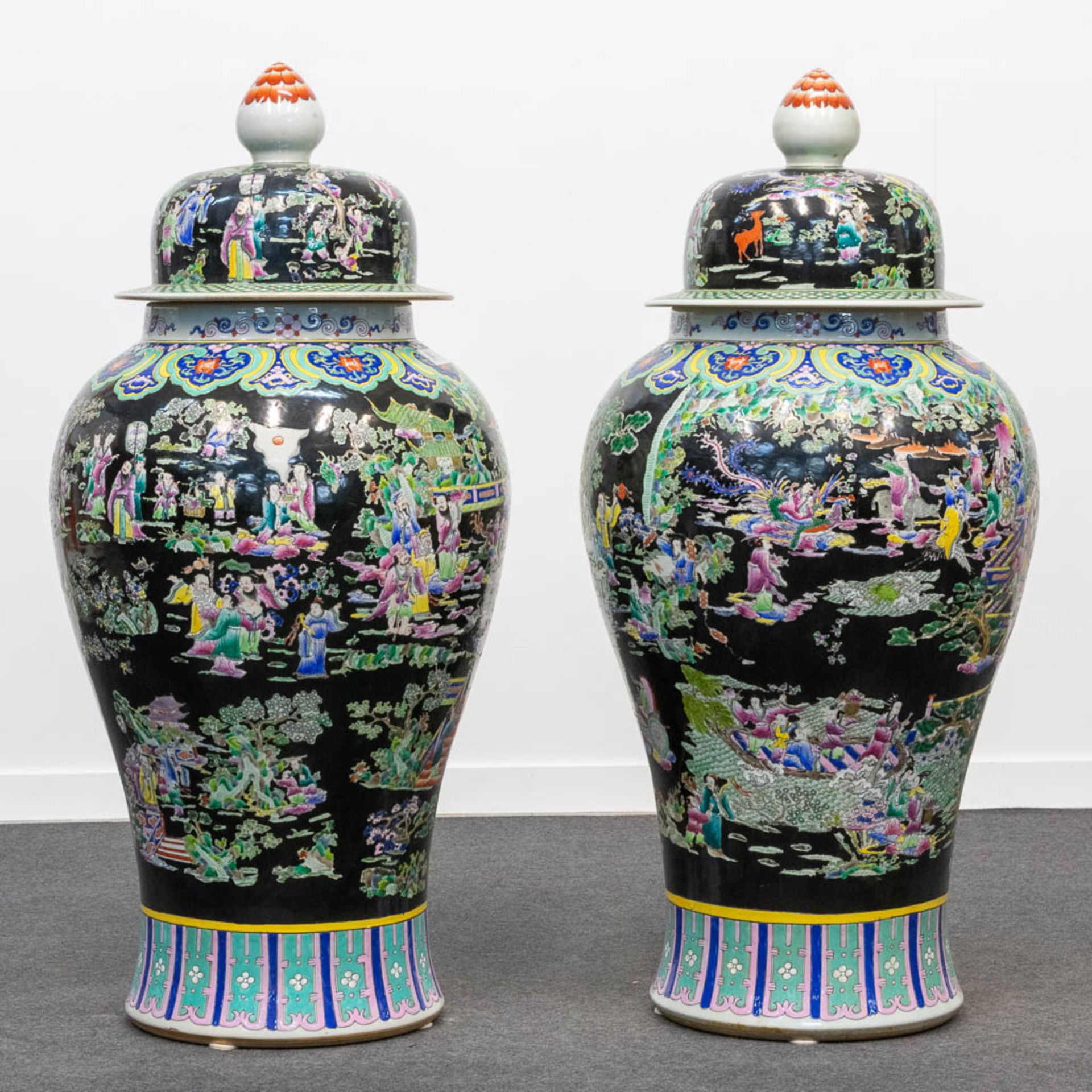 A huge pair of Famille Noir porcelain Chinese vases with a decor of immortals and playing children.  - Bild 6 aus 19