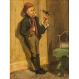 F. NOEL, elegant image of a boy with a bird, oil on panel. (16 x 21 cm)