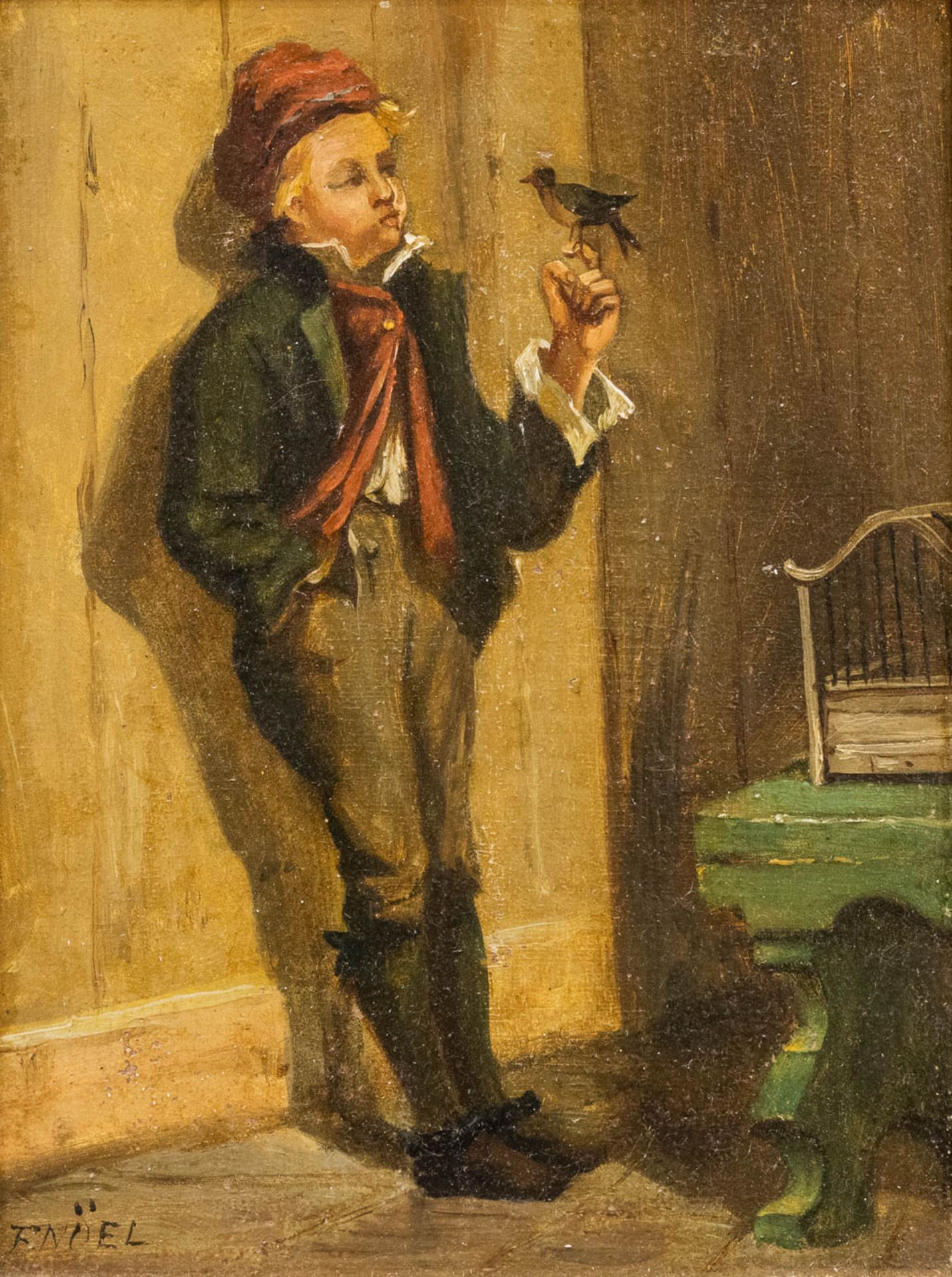 F. NOEL, elegant image of a boy with a bird, oil on panel. (16 x 21 cm)