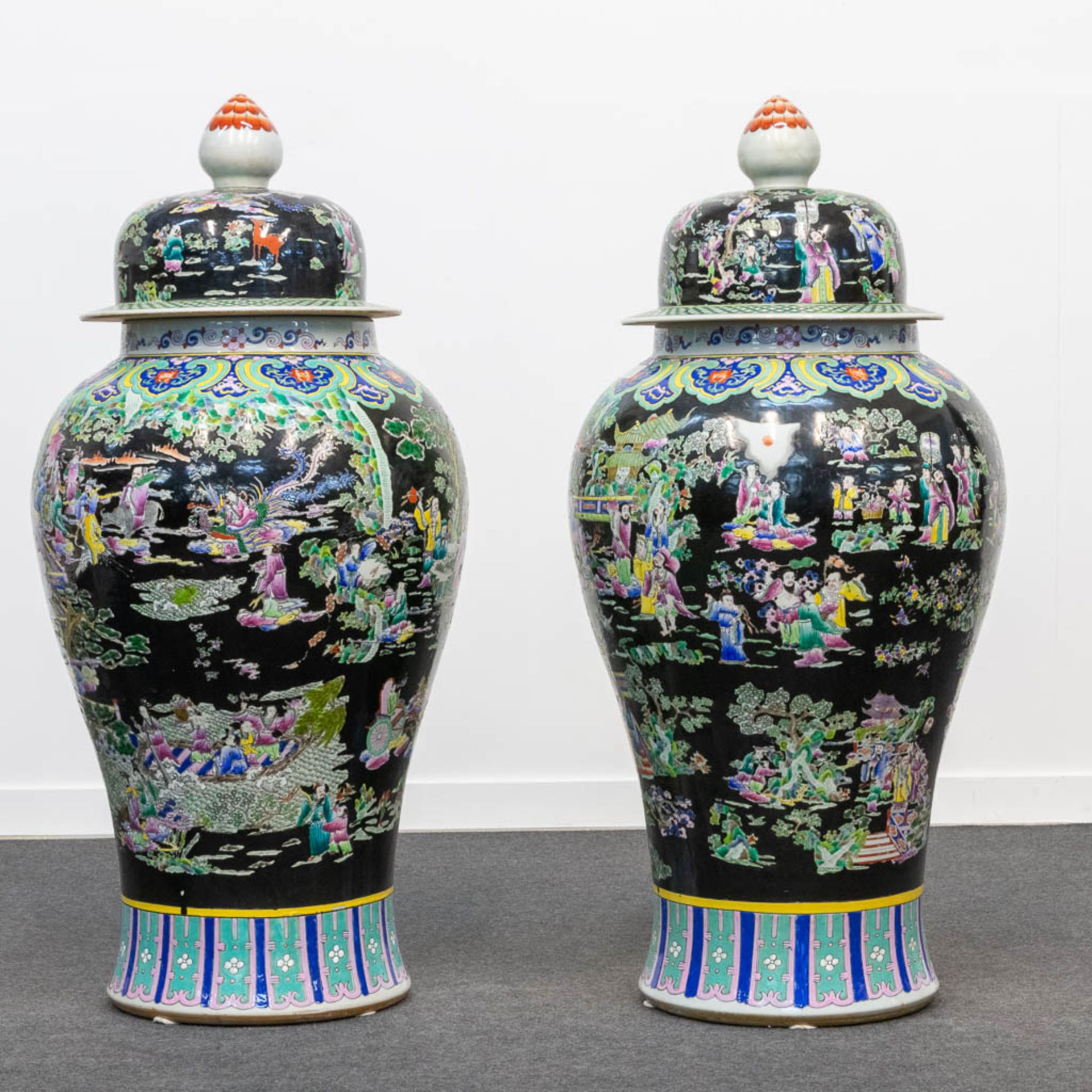 A huge pair of Famille Noir porcelain Chinese vases with a decor of immortals and playing children.  - Bild 3 aus 19