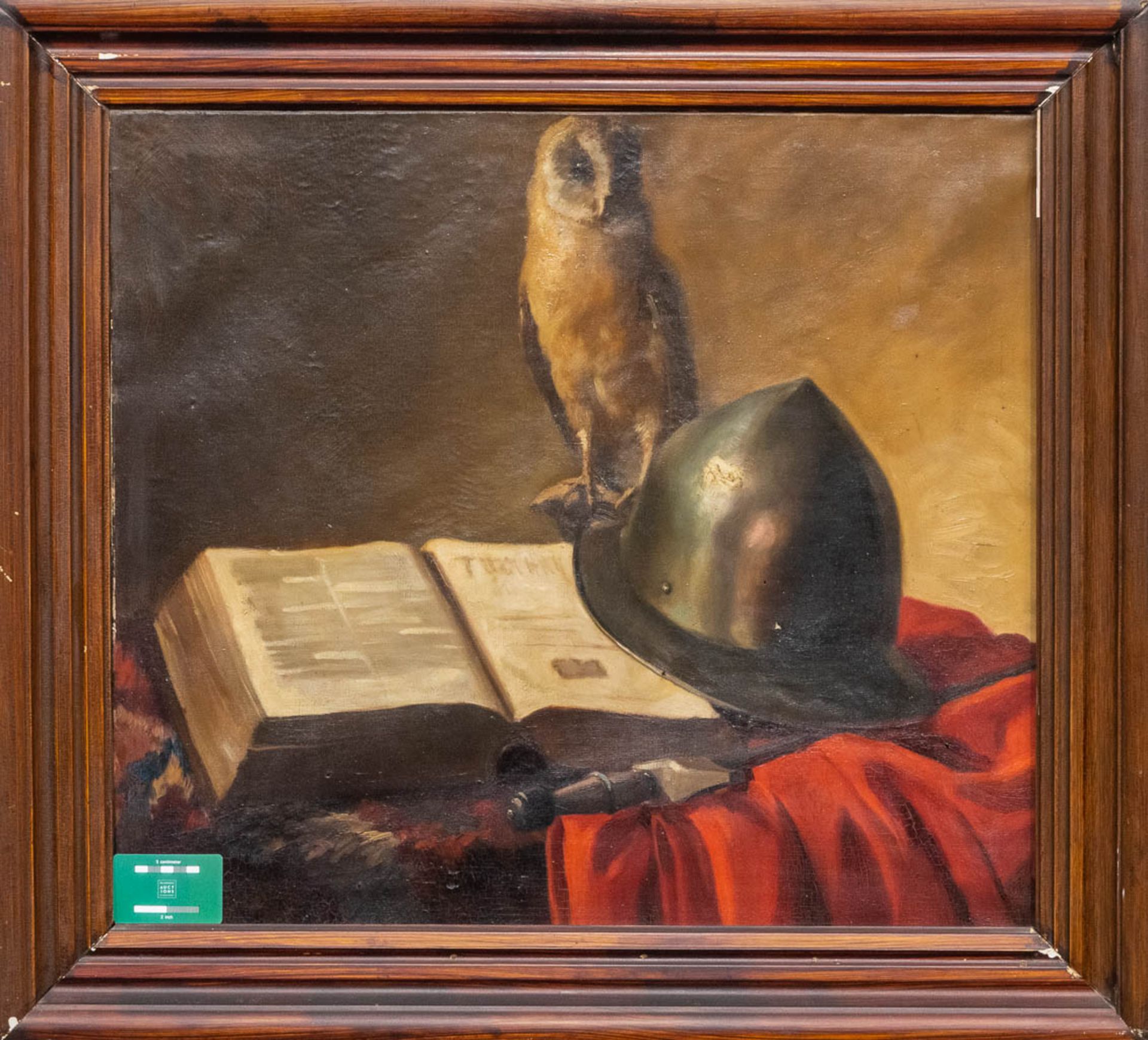 No signature found, an antique still life with Barn Owl, helmet and sword and a book. Oil on canvas. - Bild 3 aus 6