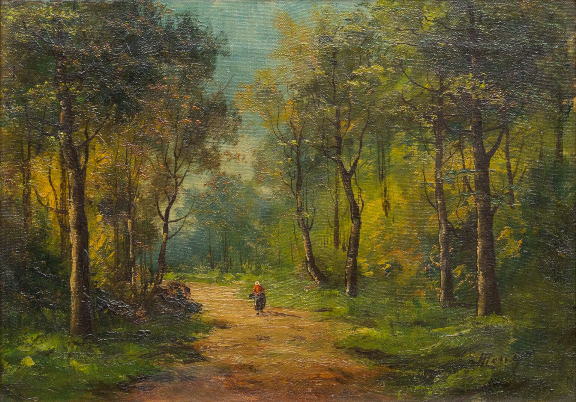 Armand HEINS (1856-1938) a painting of a lady in a forest, oil on canvas. (35 x 25 cm)