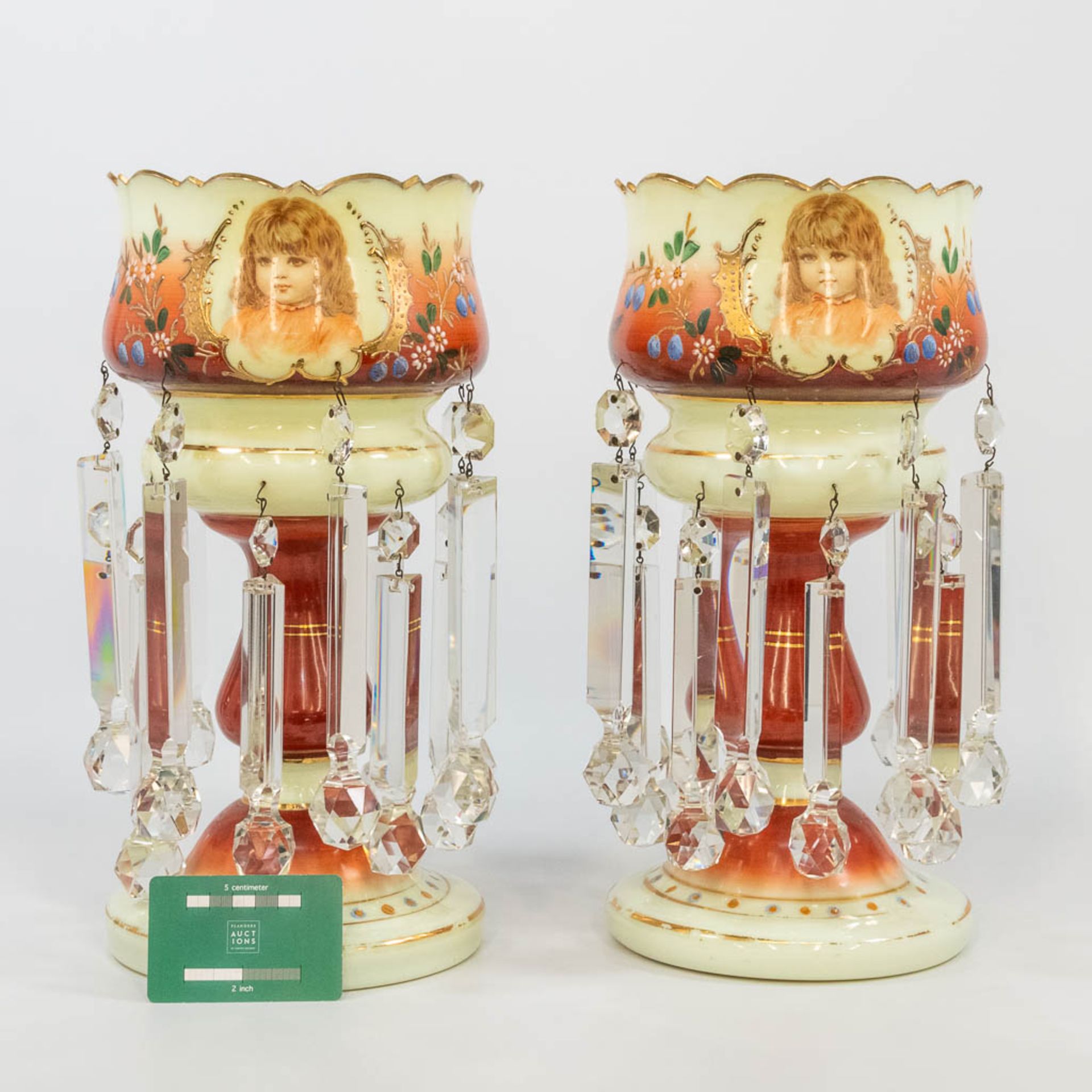 A pair of glass lustres, with hand-painted flowerdecor and printed images of children. (36 x 17,5 cm - Bild 9 aus 12