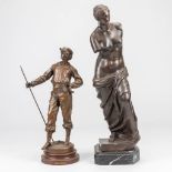 A bronze 'the Venus of Milo' and a statue and a spelter spear thrower. After August and Louis Moreau