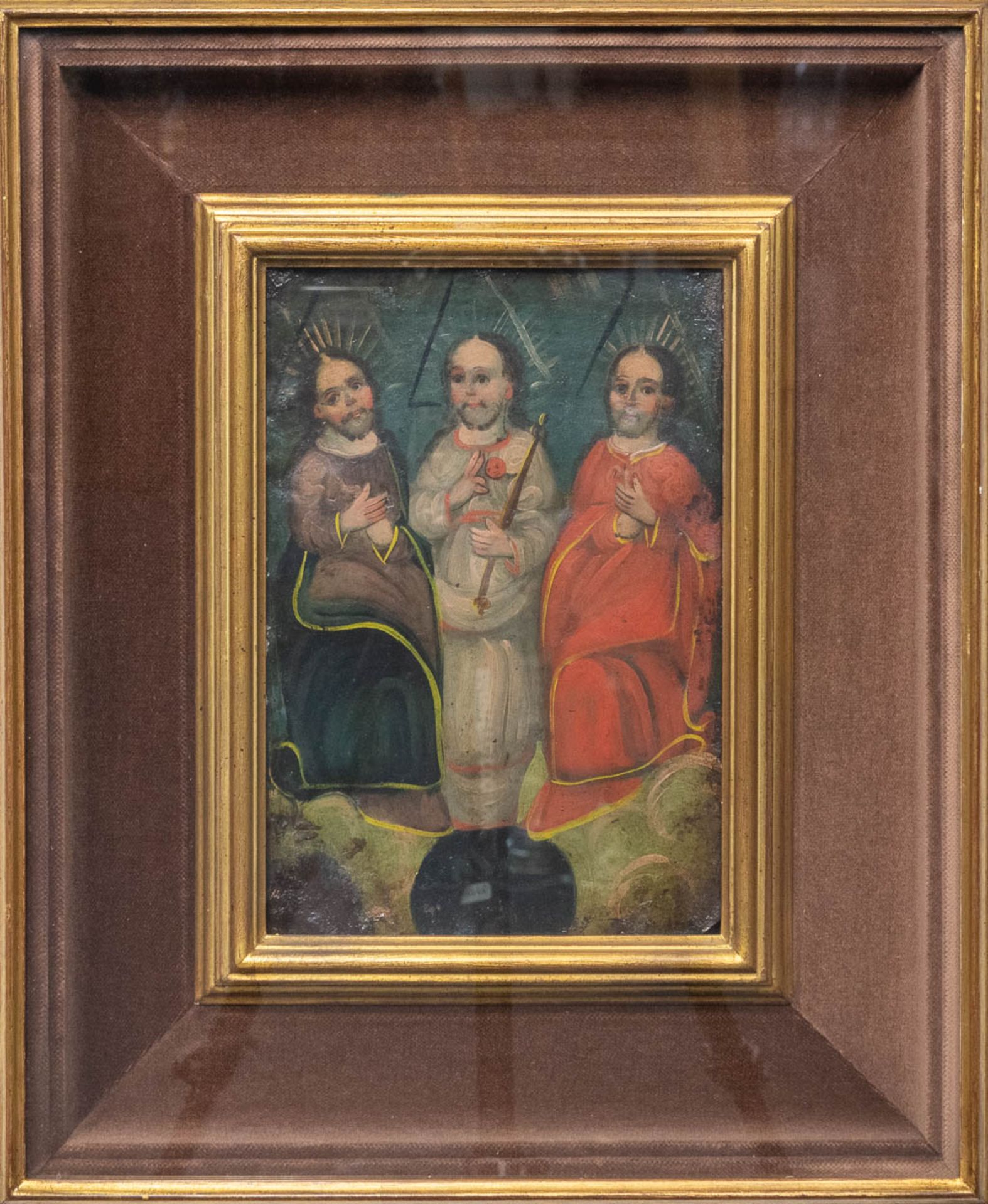 No signature found, an antique painting of 3 holy figurines, oil on metal, mounted on a wood panel.  - Bild 2 aus 5